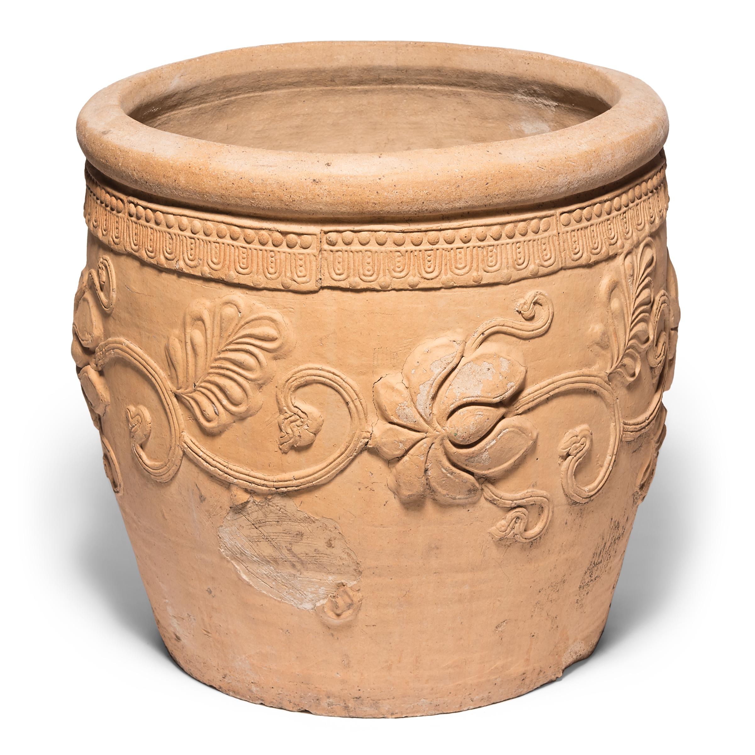 Qing Chinese Floral Relief Urn, c. 1850 For Sale