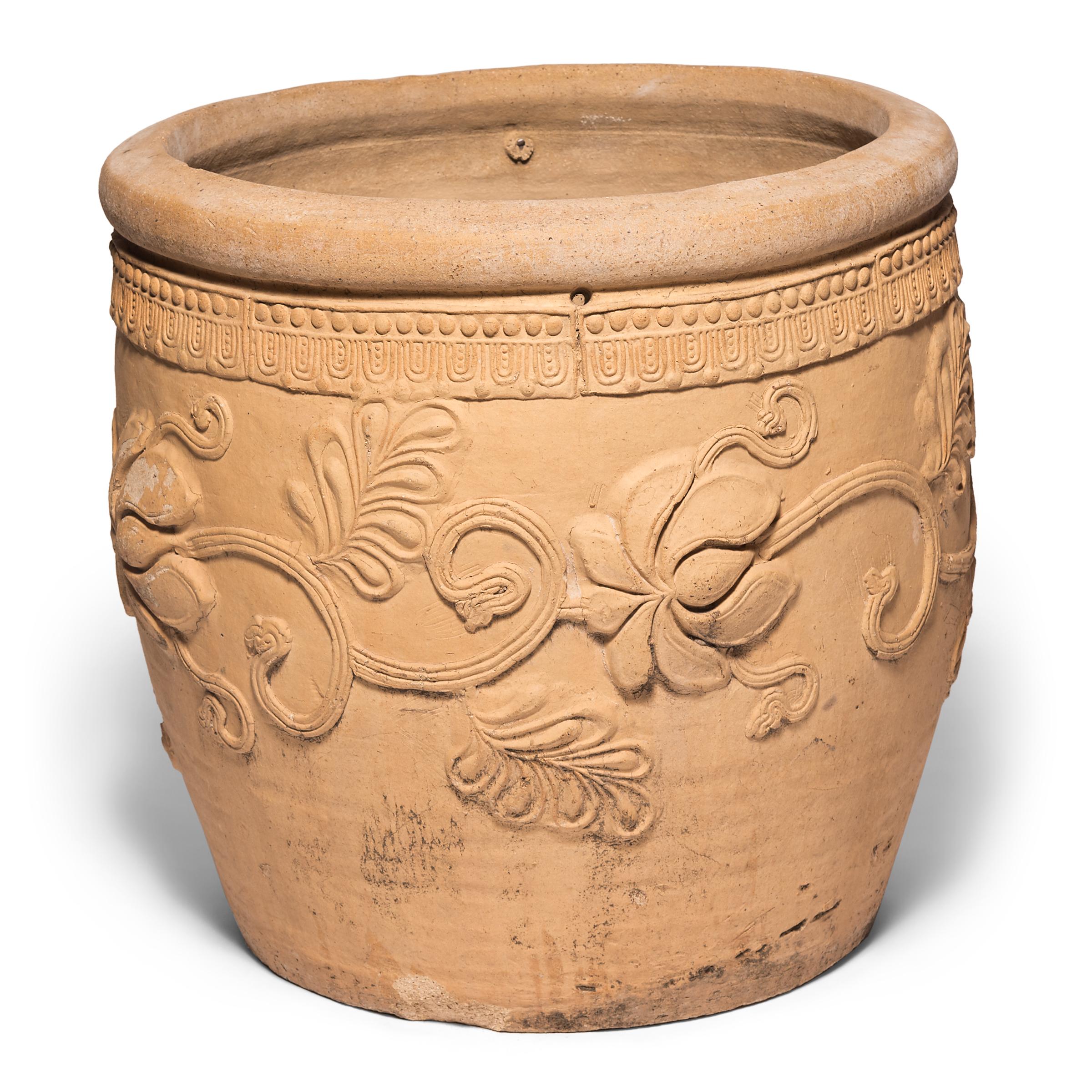 Chinese Floral Relief Urn, c. 1850 In Good Condition For Sale In Chicago, IL