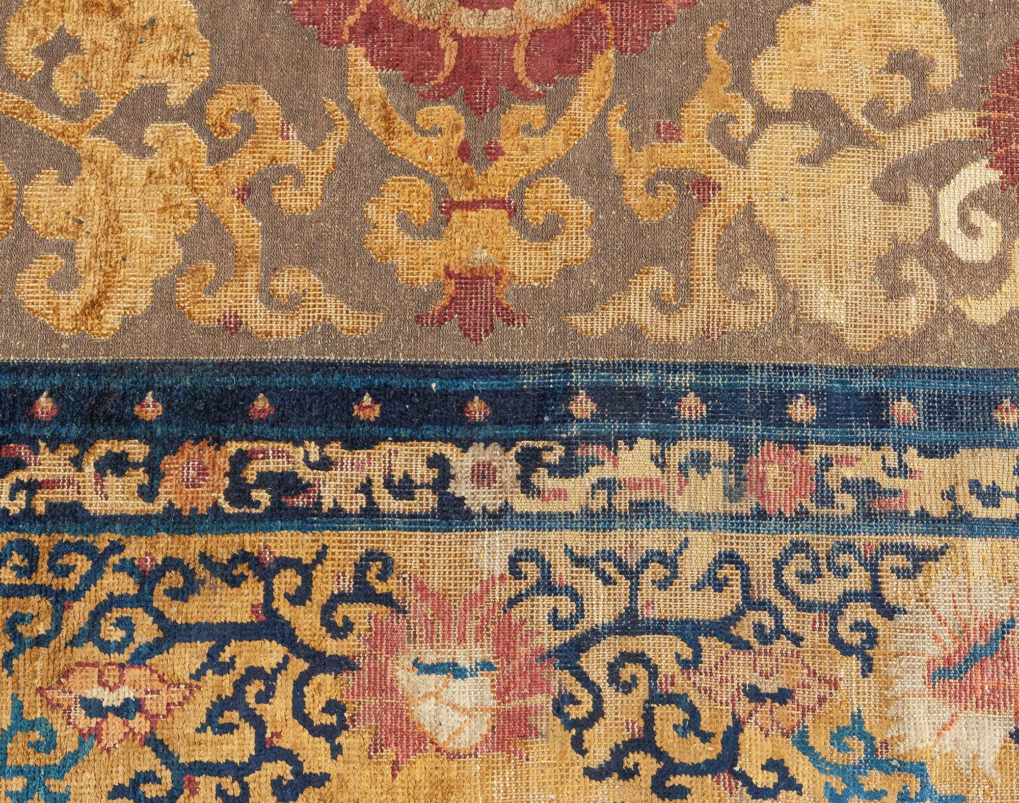 Hand-Knotted 19th Century Chinese Floral Silk Metal Thread Rug For Sale