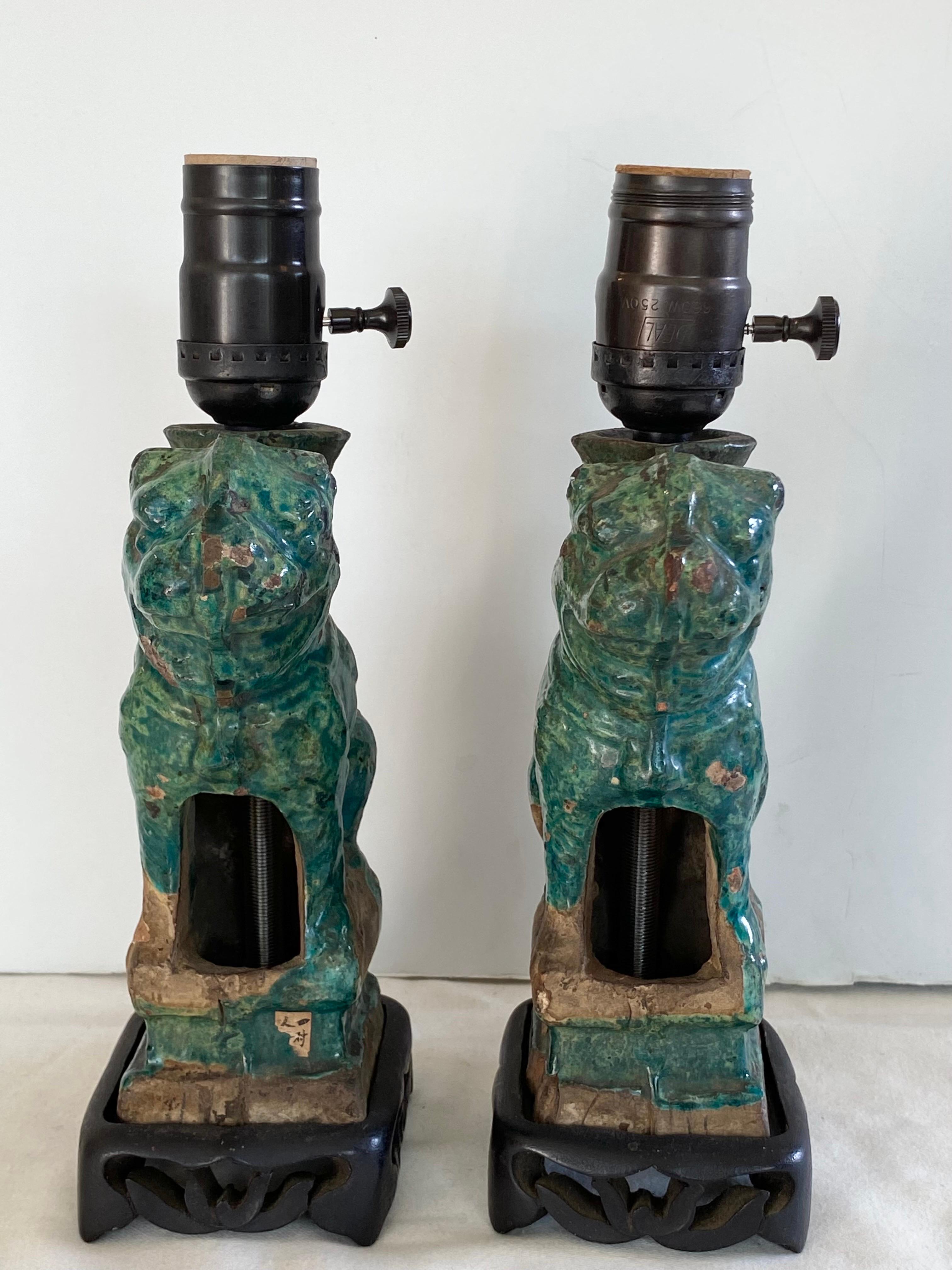 19th Century Chinese Foo Dogs as Lamps In Good Condition For Sale In East Hampton, NY