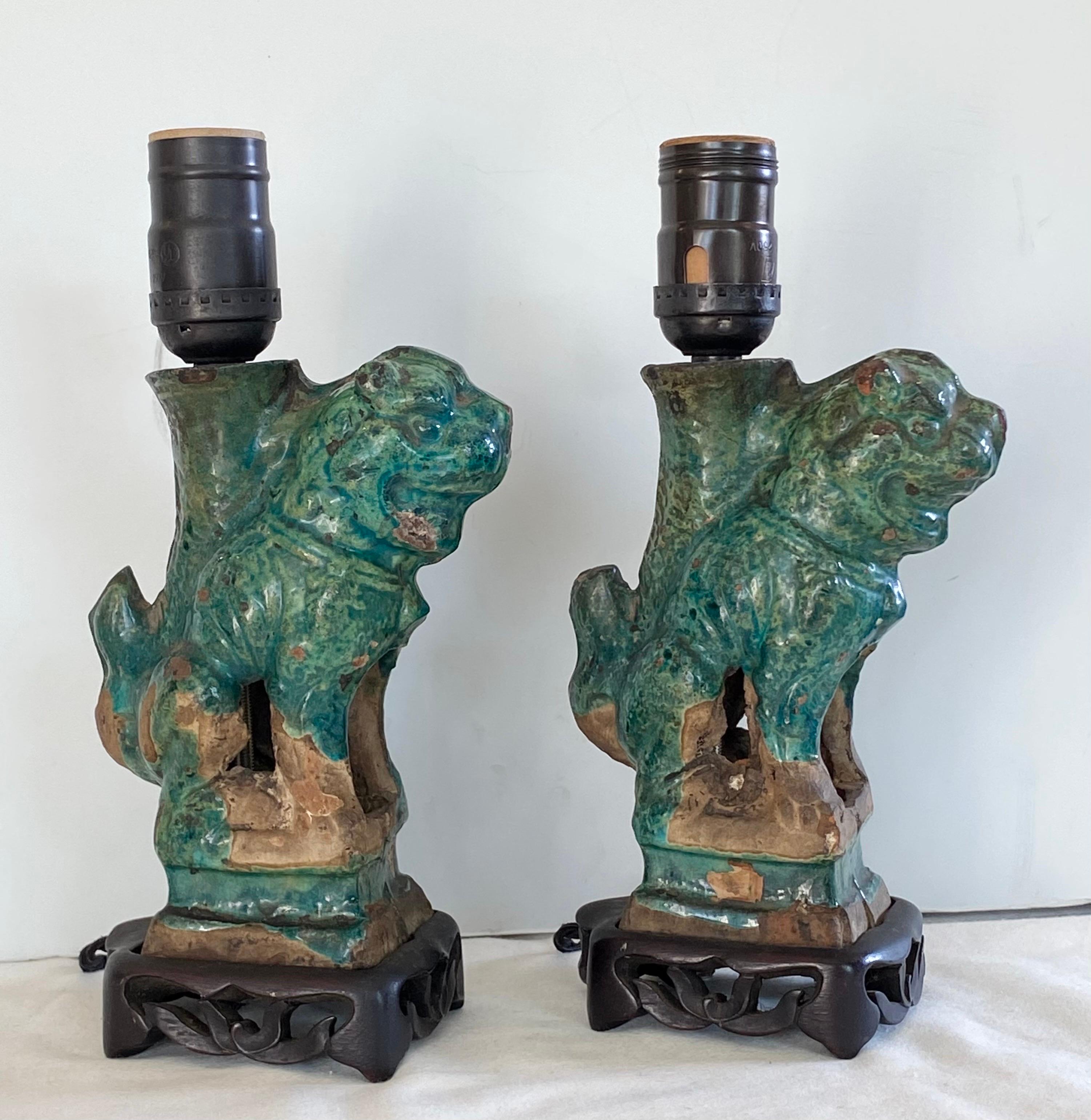 Ceramic 19th Century Chinese Foo Dogs as Lamps For Sale