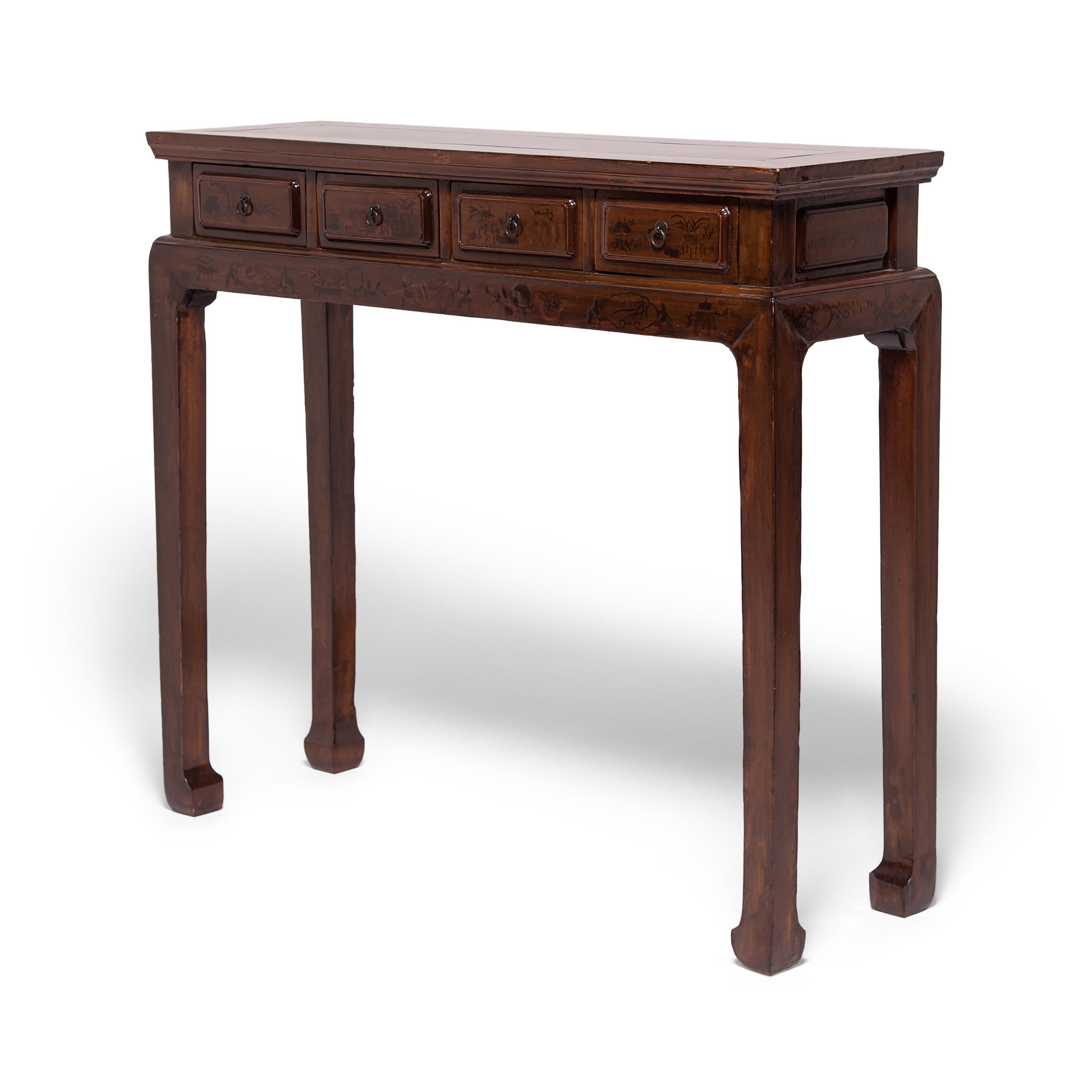This shallow console table was crafted over 150 years ago in China's Fujian province, and was originally used as an altar table storing incense and other offerings. Elegantly constructed with mortise-and-tenon joinery techniques, the altar is subtly