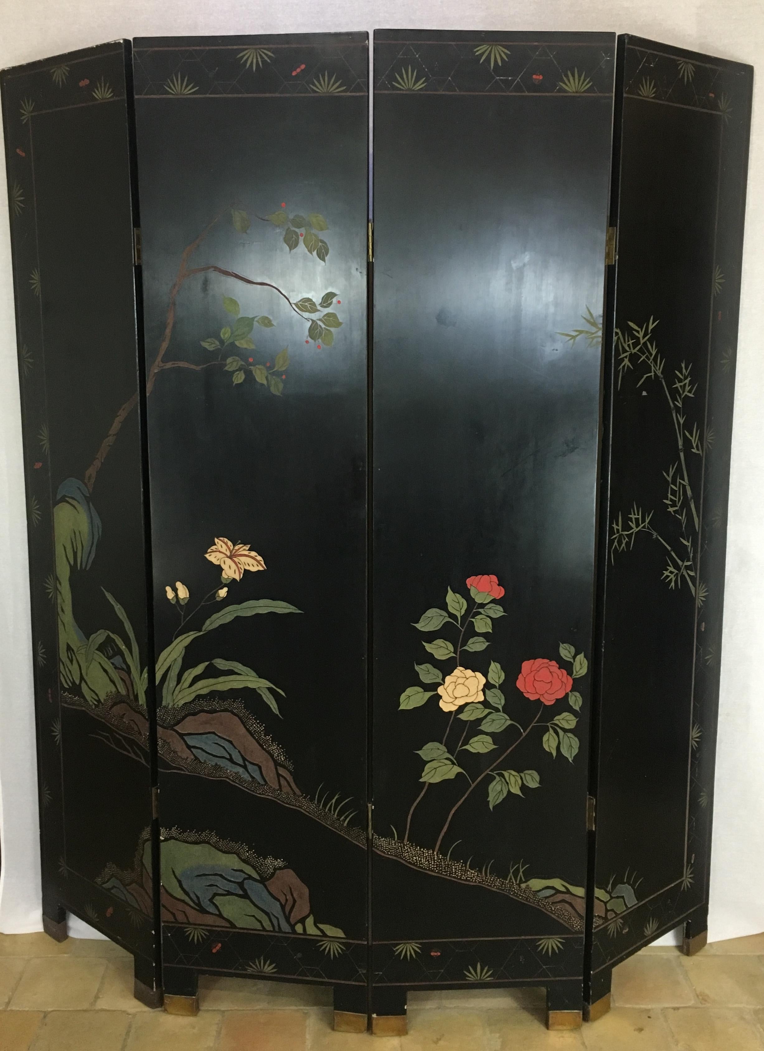 Brass 19th Century Lacquered Painted and Gilt Four-Panel Screen or Room Divider