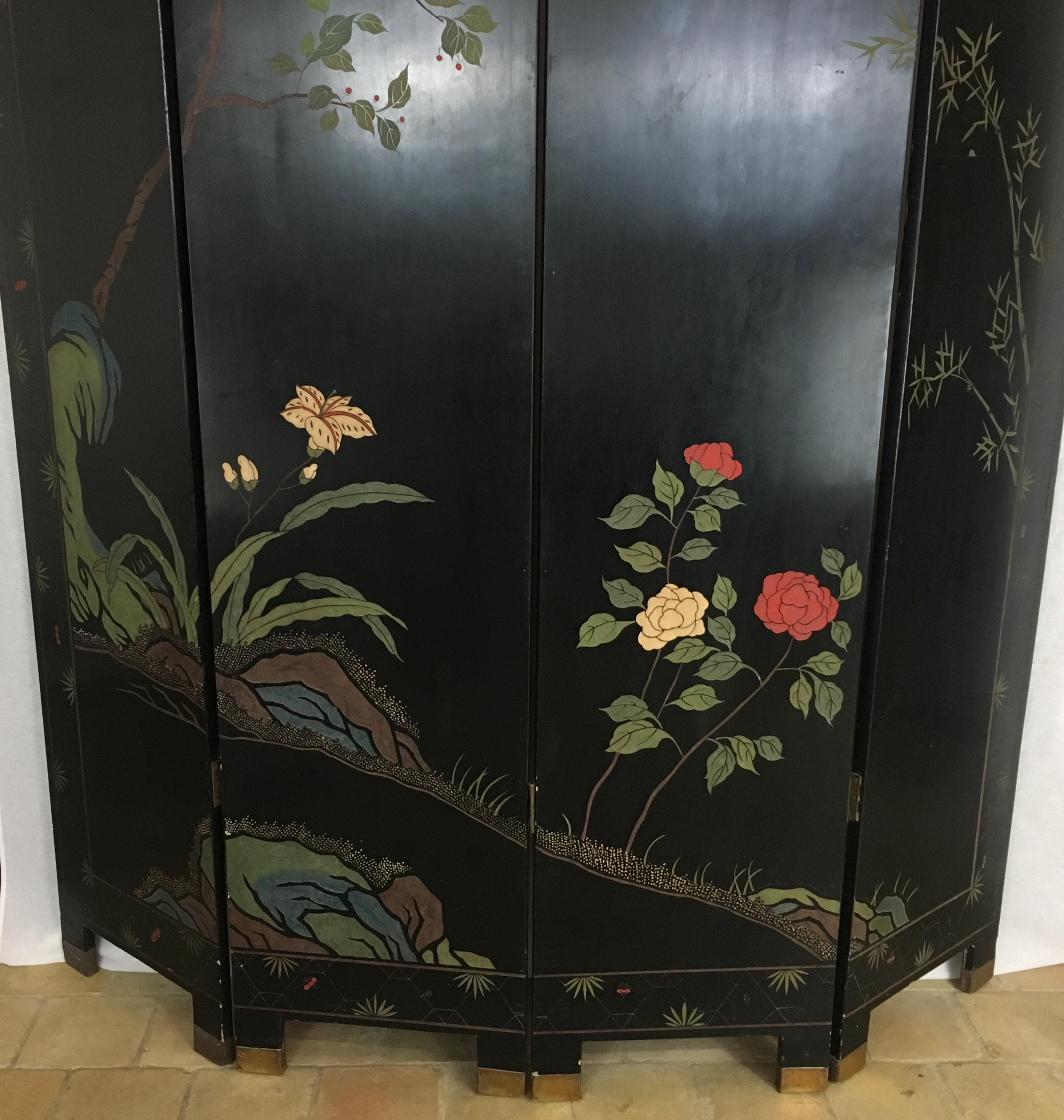 19th Century Lacquered Painted and Gilt Four-Panel Screen or Room Divider 1