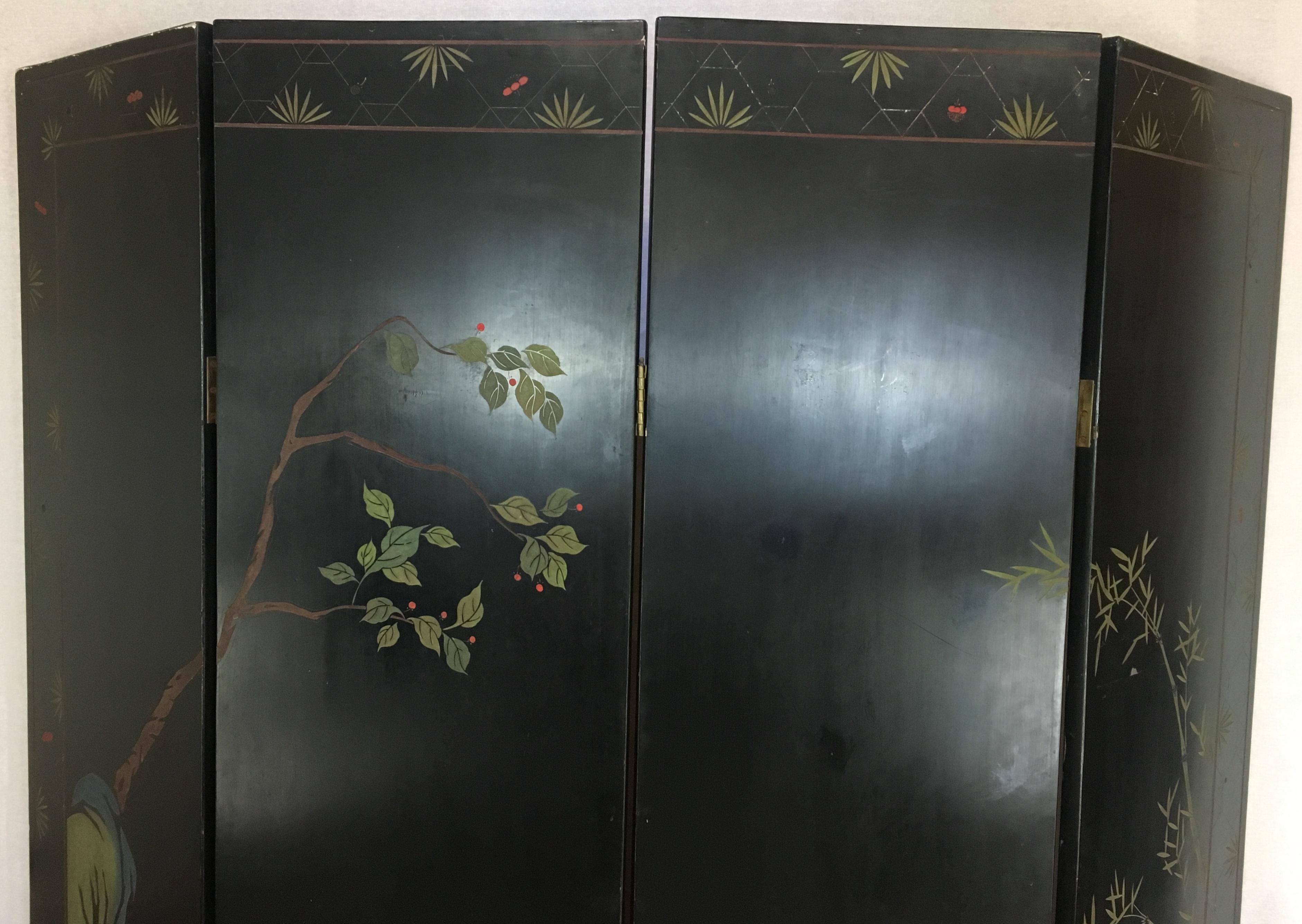 19th Century Lacquered Painted and Gilt Four-Panel Screen or Room Divider 2