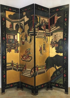 19th Century Lacquered Painted and Gilt Four-Panel Screen or Room Divider