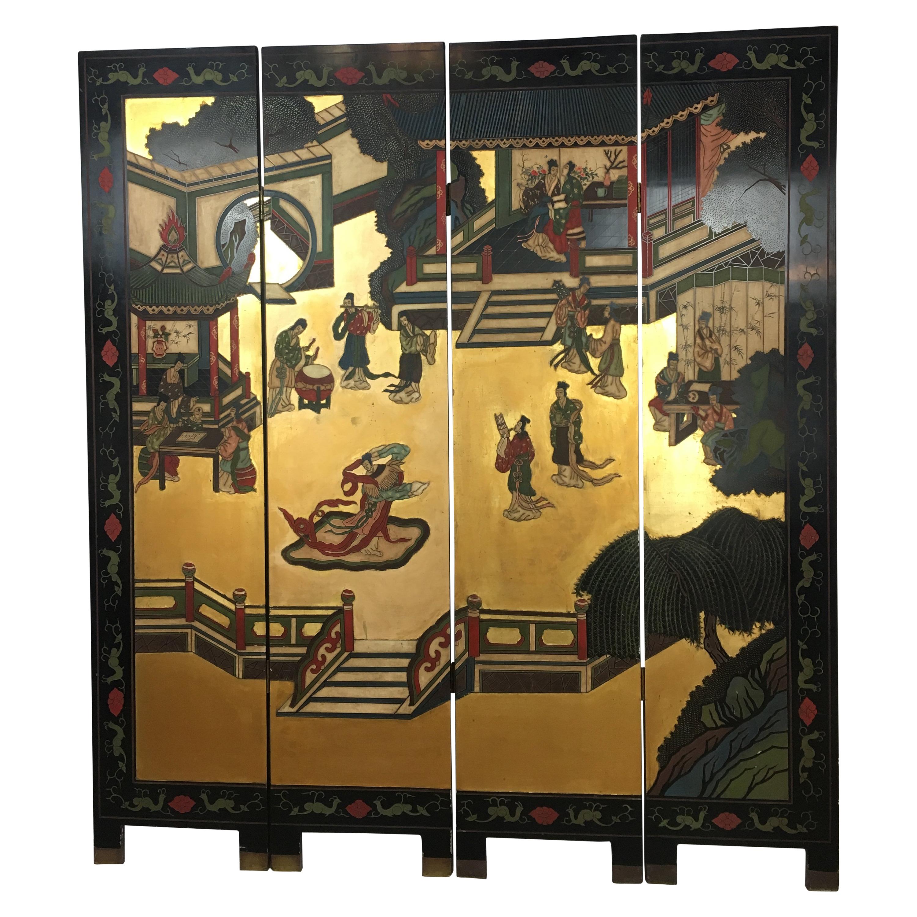 19th Century Lacquered Painted and Gilt Four-Panel Screen or Room Divider