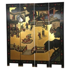 Vintage 19th Century Lacquered Painted and Gilt Four-Panel Screen or Room Divider