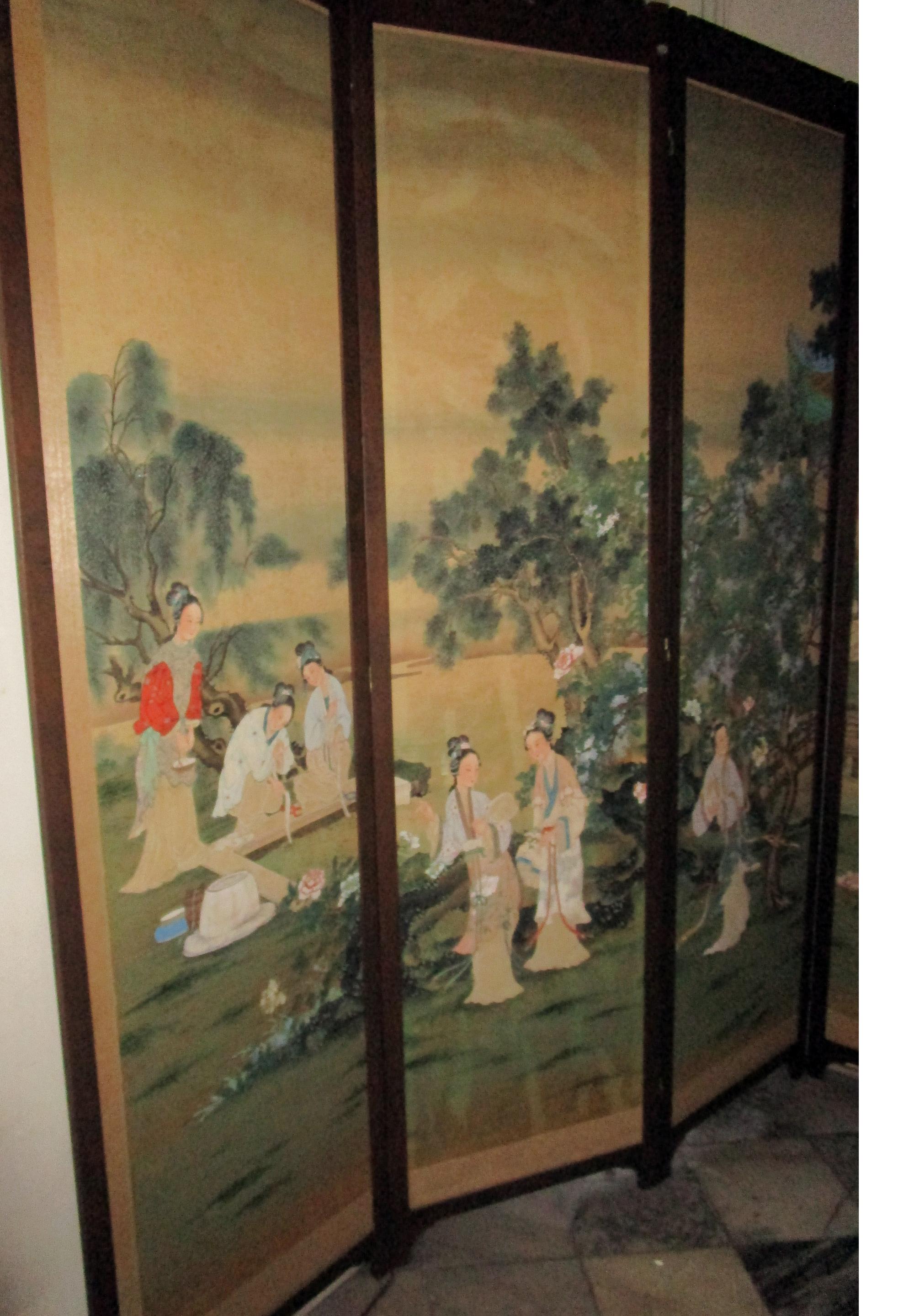 19th Century 19th century Chinese Four-Panel Screen in Teak Wood Frame