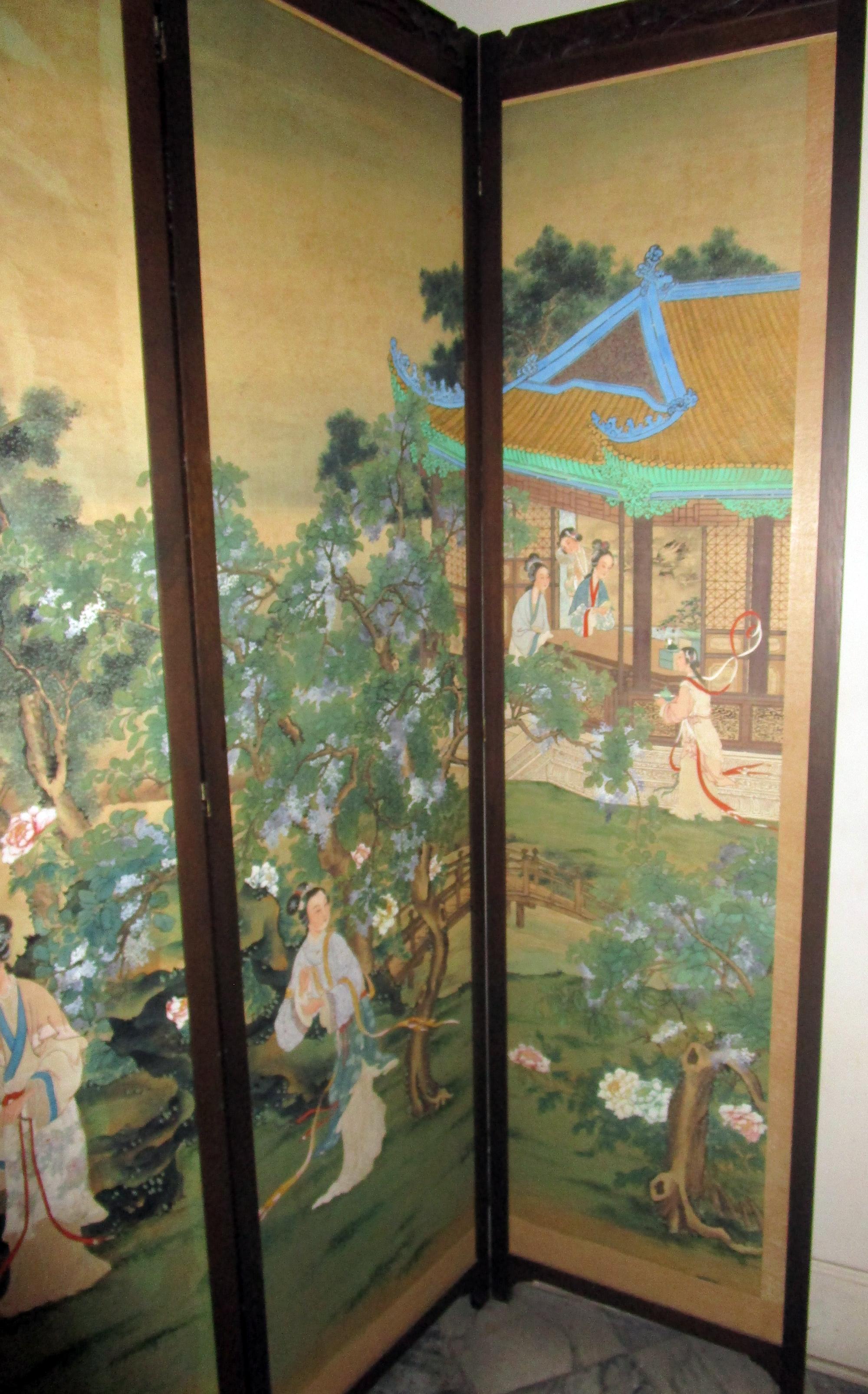 19th century Chinese Four-Panel Screen in Teak Wood Frame 1