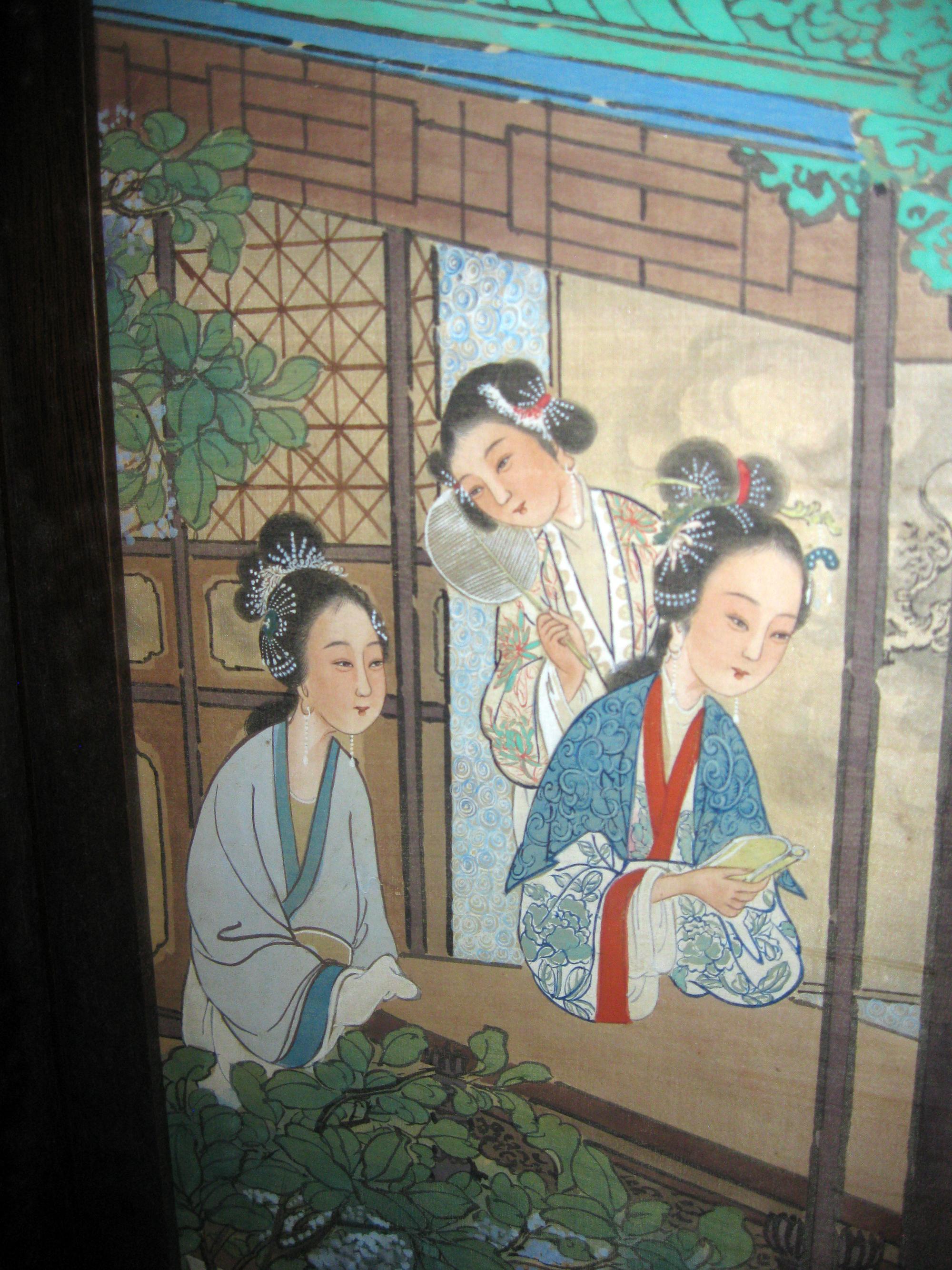 Chinesischer vierteiliger Raumteiler aus Teakholzrahmen aus dem 19. Jahrhundert im Angebot 7