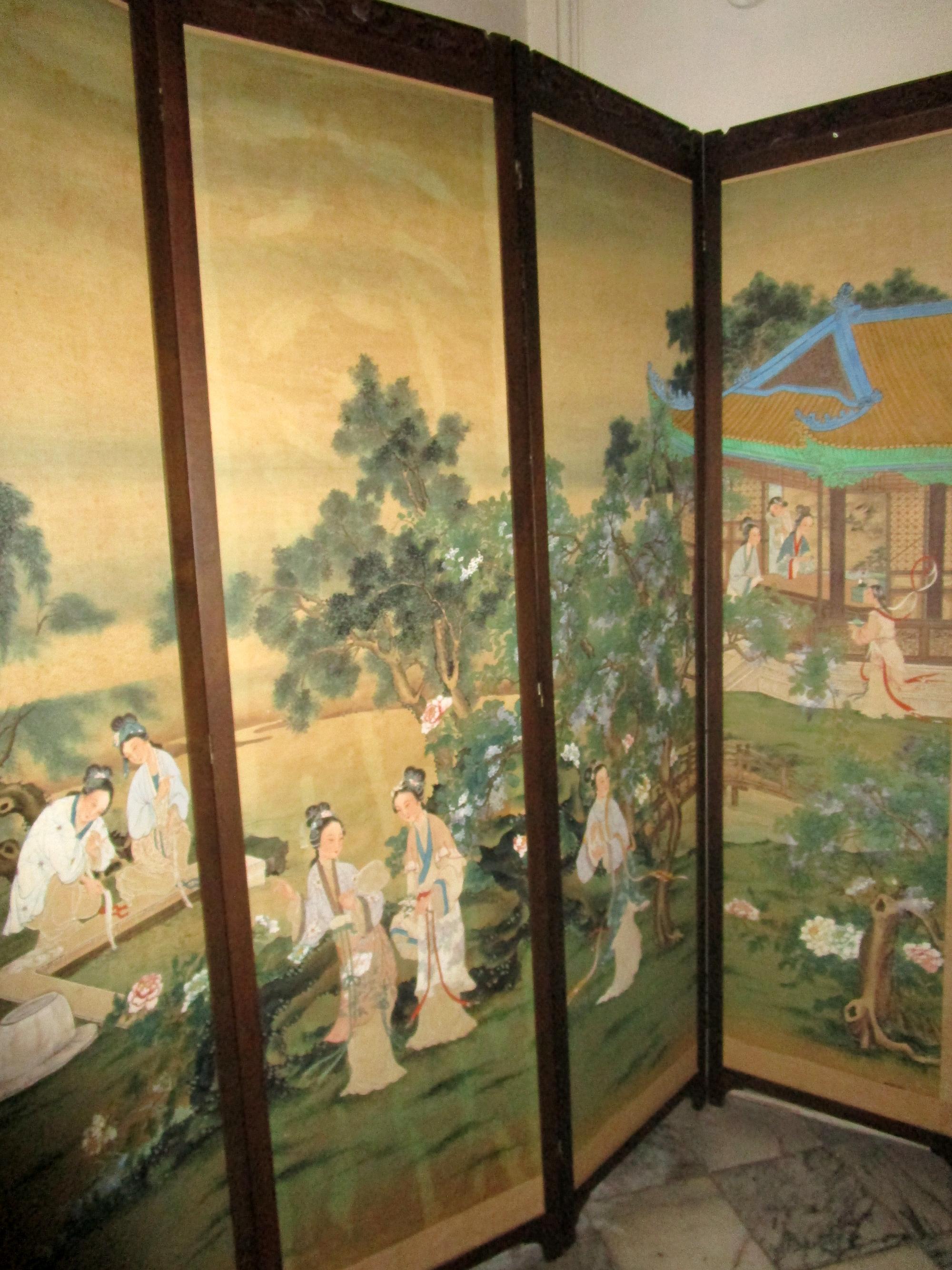 19th century Chinese Four-Panel Screen in Teak Wood Frame 2