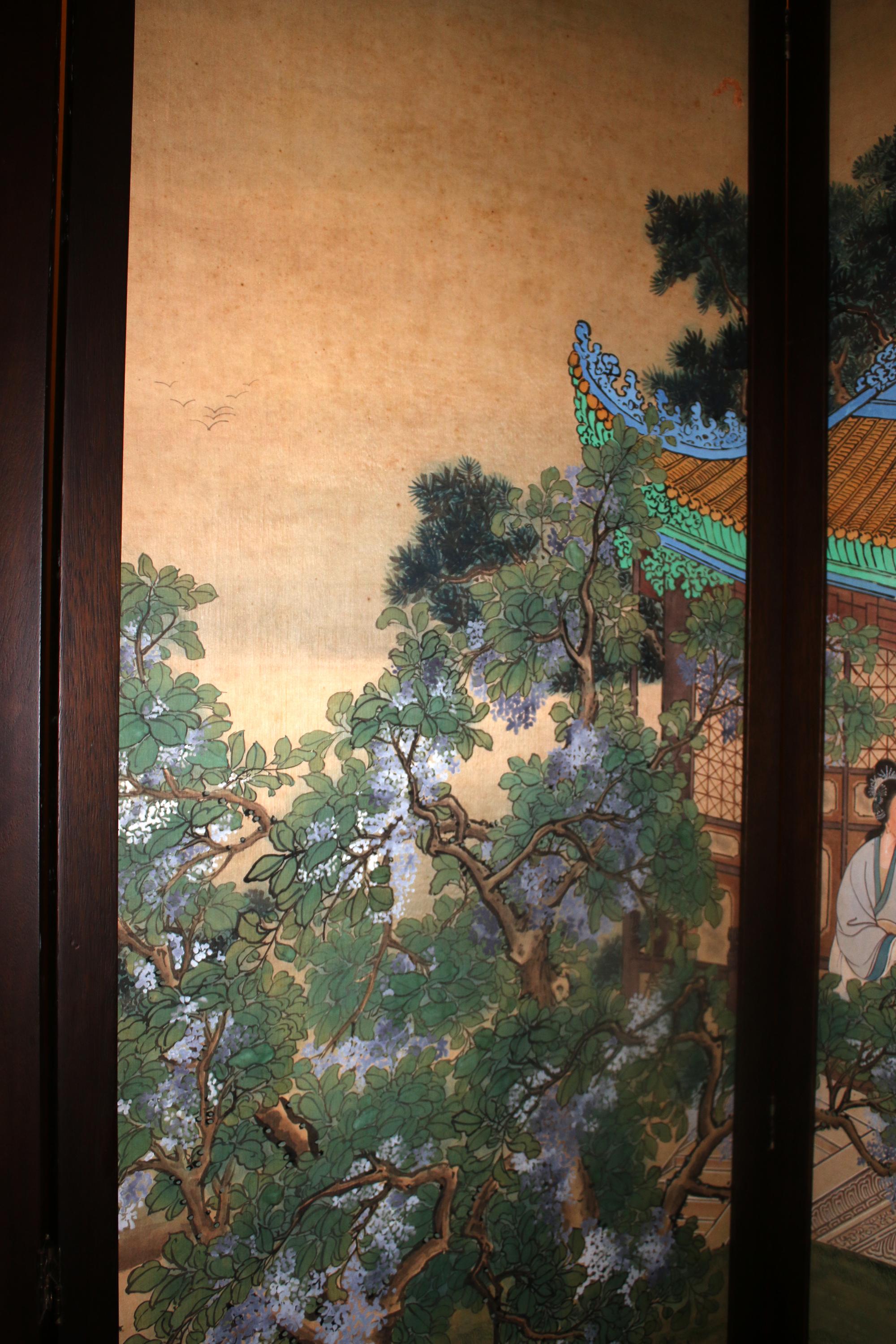 Chinese Four-Panel Screen in Teak Wood Frame In Good Condition For Sale In Savannah, GA