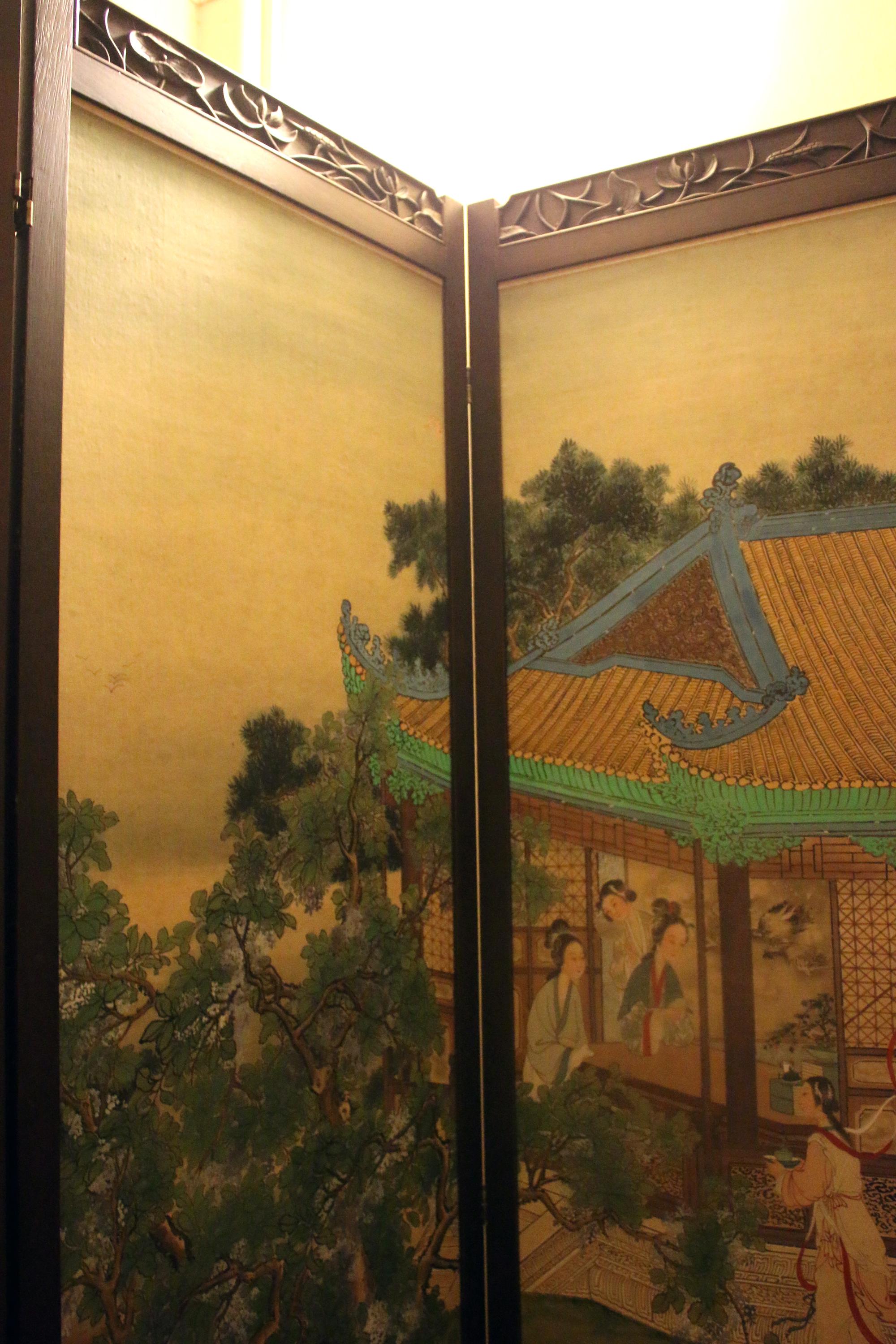 Silk Chinese Four-Panel Screen in Teak Wood Frame For Sale