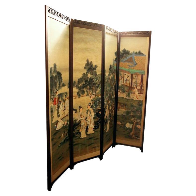 Chinese Four-Panel Screen in Teak Wood Frame For Sale