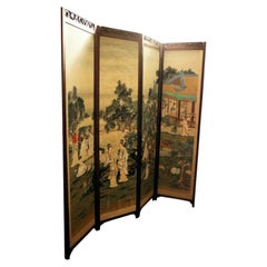Chinese Four-Panel Screen in Teak Wood Frame