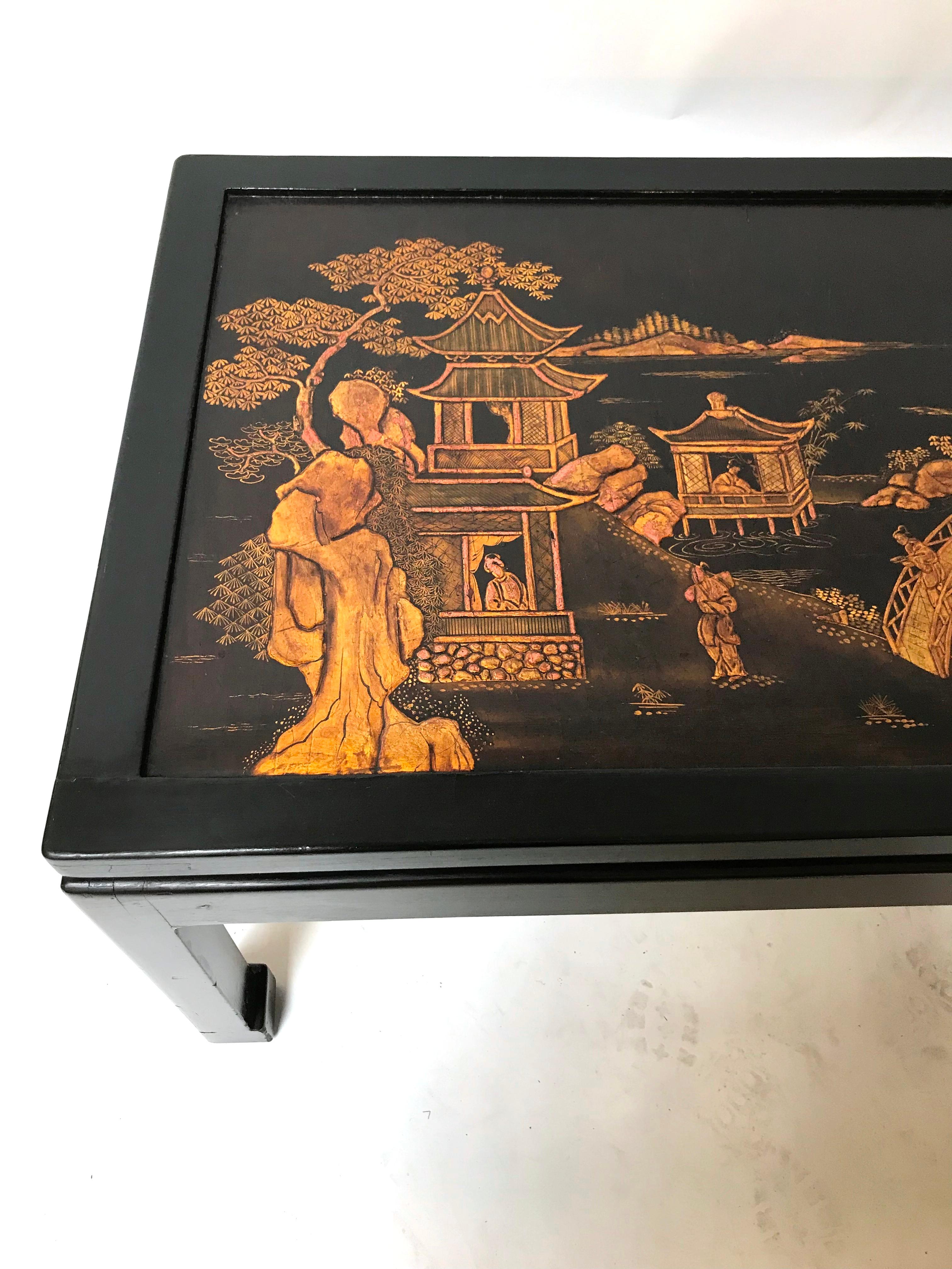 Chinese Export 19th Century Chinese Gilt Decorated Lacquer Panel Mounted as a Low Table For Sale