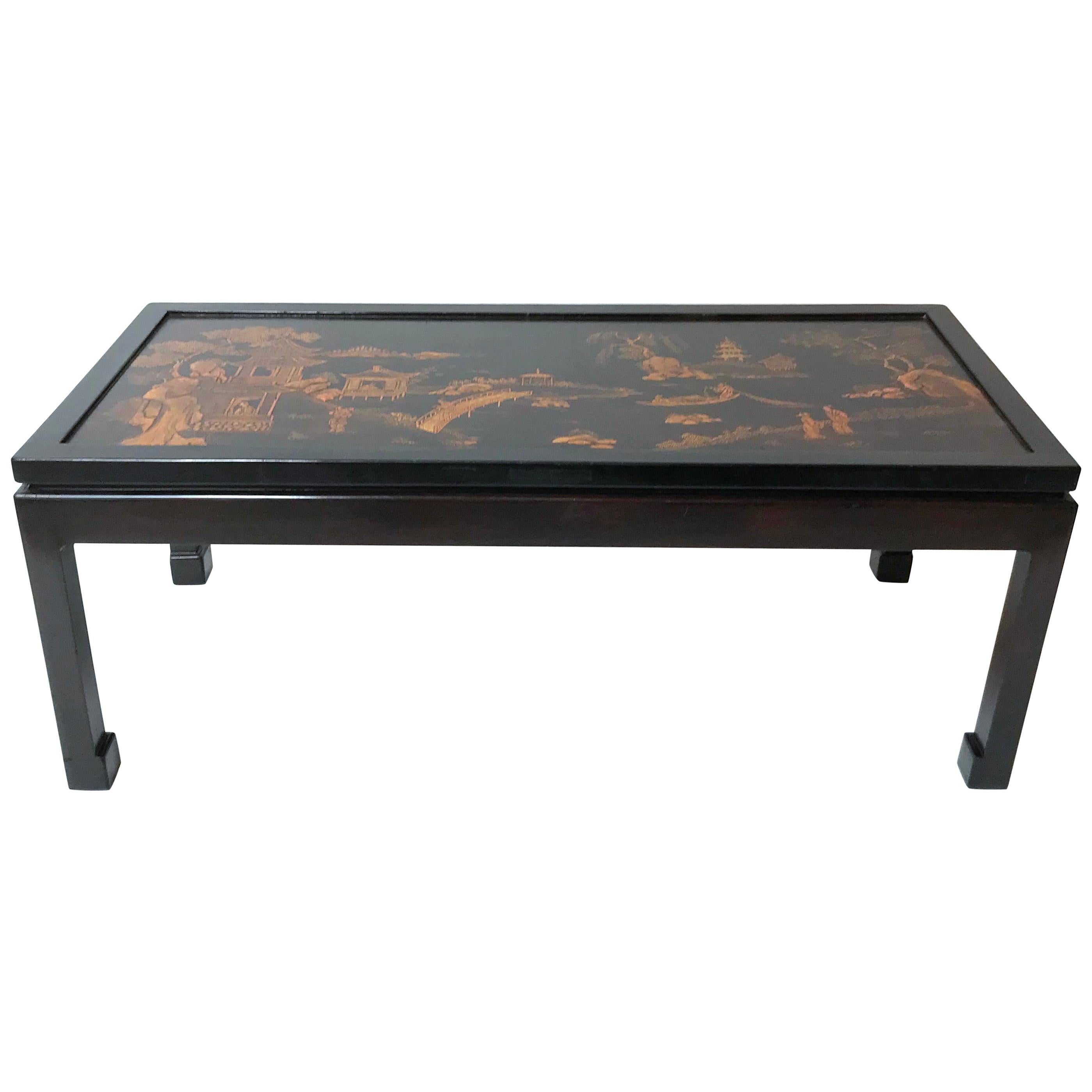 19th Century Chinese Gilt Decorated Lacquer Panel Mounted as a Low Table For Sale