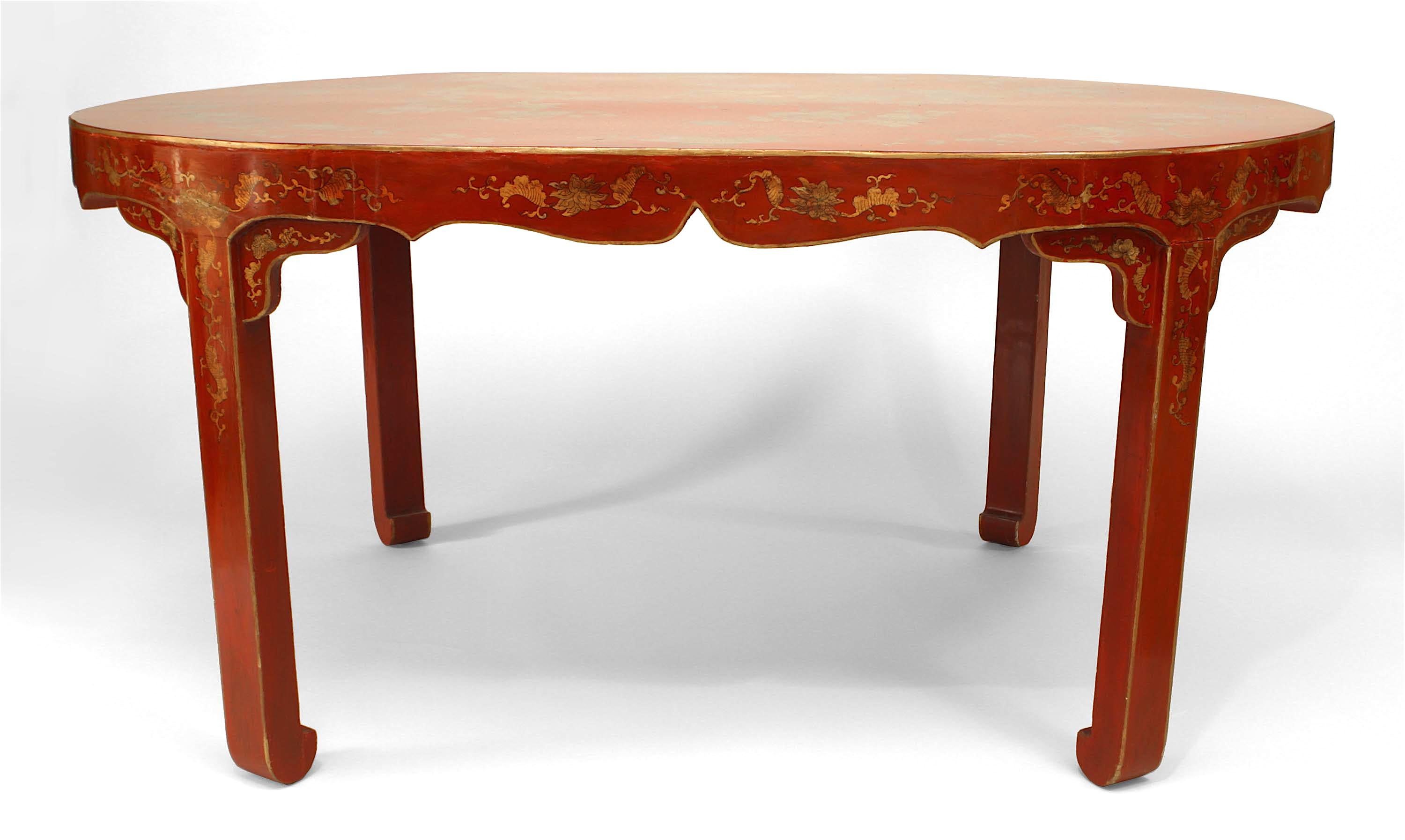 Asian Chinese (19th Century) oval red lacquer and gilt stencilled center table with floral and bird design (Related Item: 050151)

