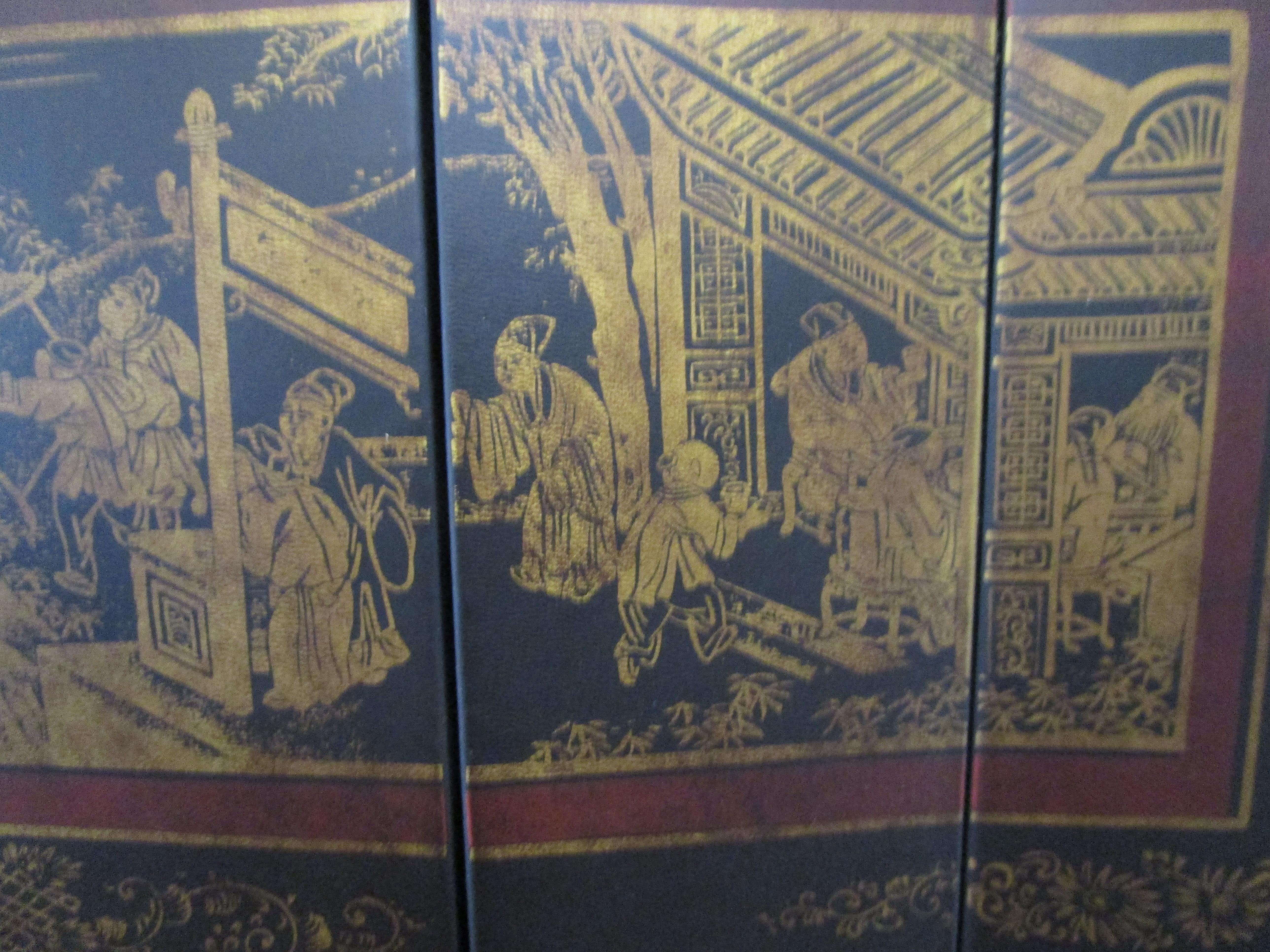 Paravent chinois du 19ème siècle peint à l'encre dorée Bon état - En vente à Lomita, CA