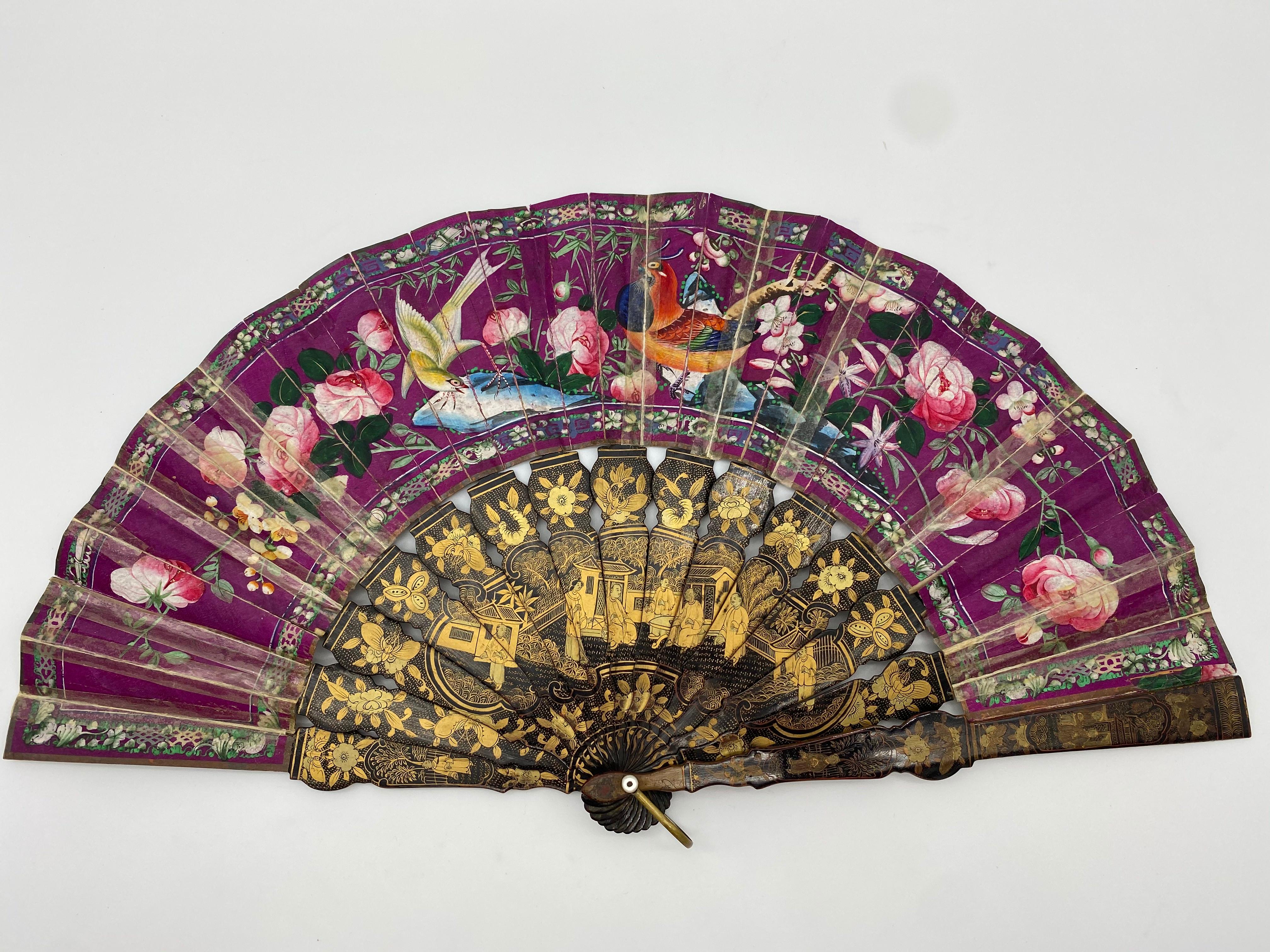 19th Century Chinese Gilt Lacquer Fan with Landscape 100 Faces 2