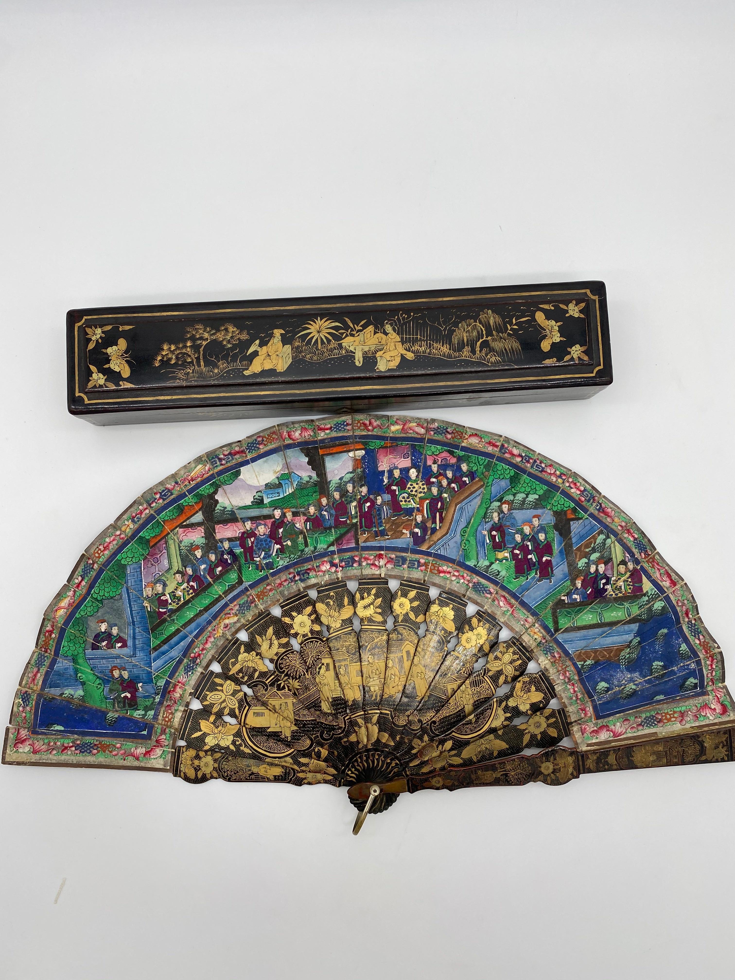Qing 19th Century Chinese Gilt Lacquer Fan with Landscape 100 Faces