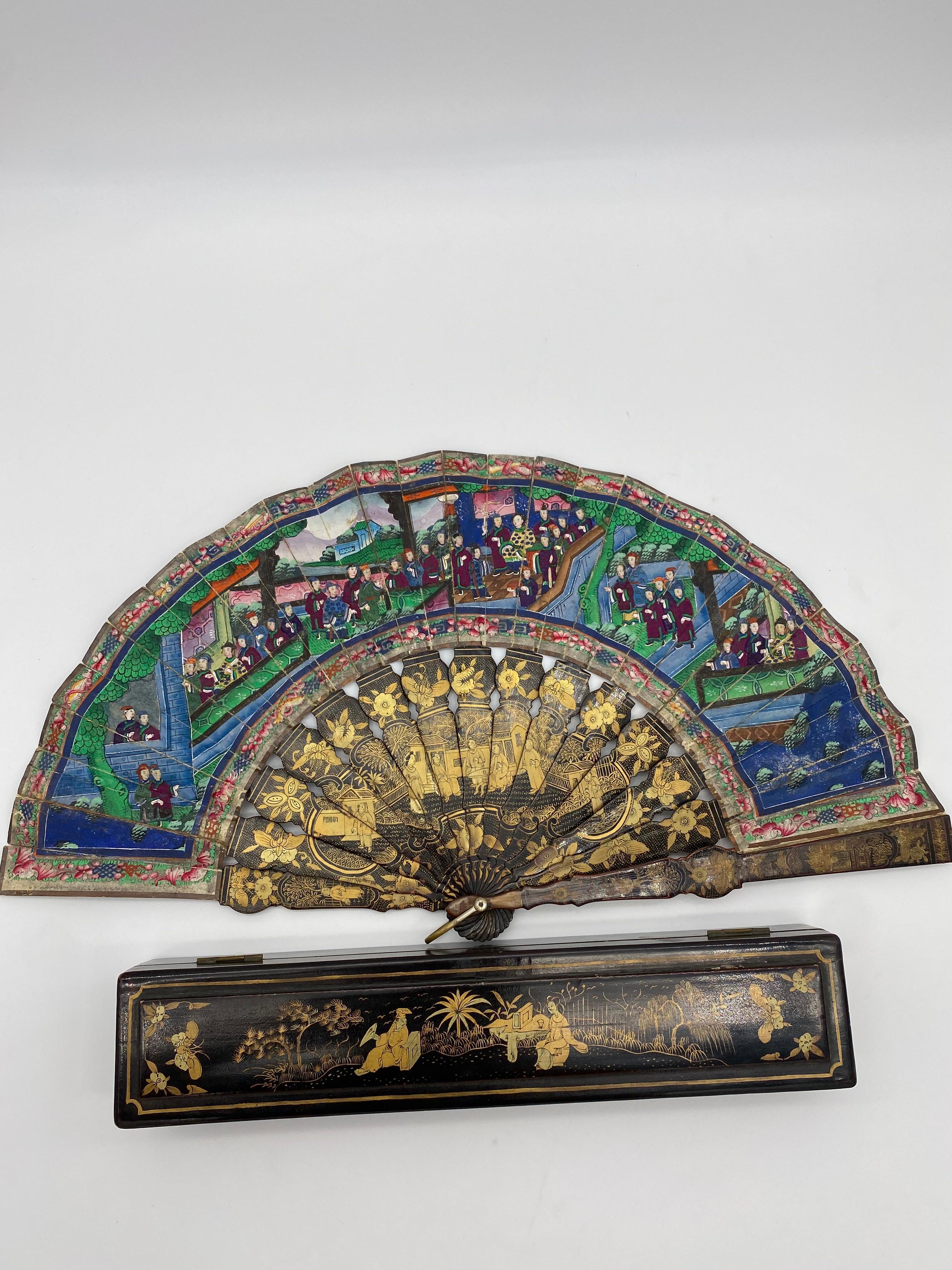 Hand-Carved 19th Century Chinese Gilt Lacquer Fan with Landscape 100 Faces