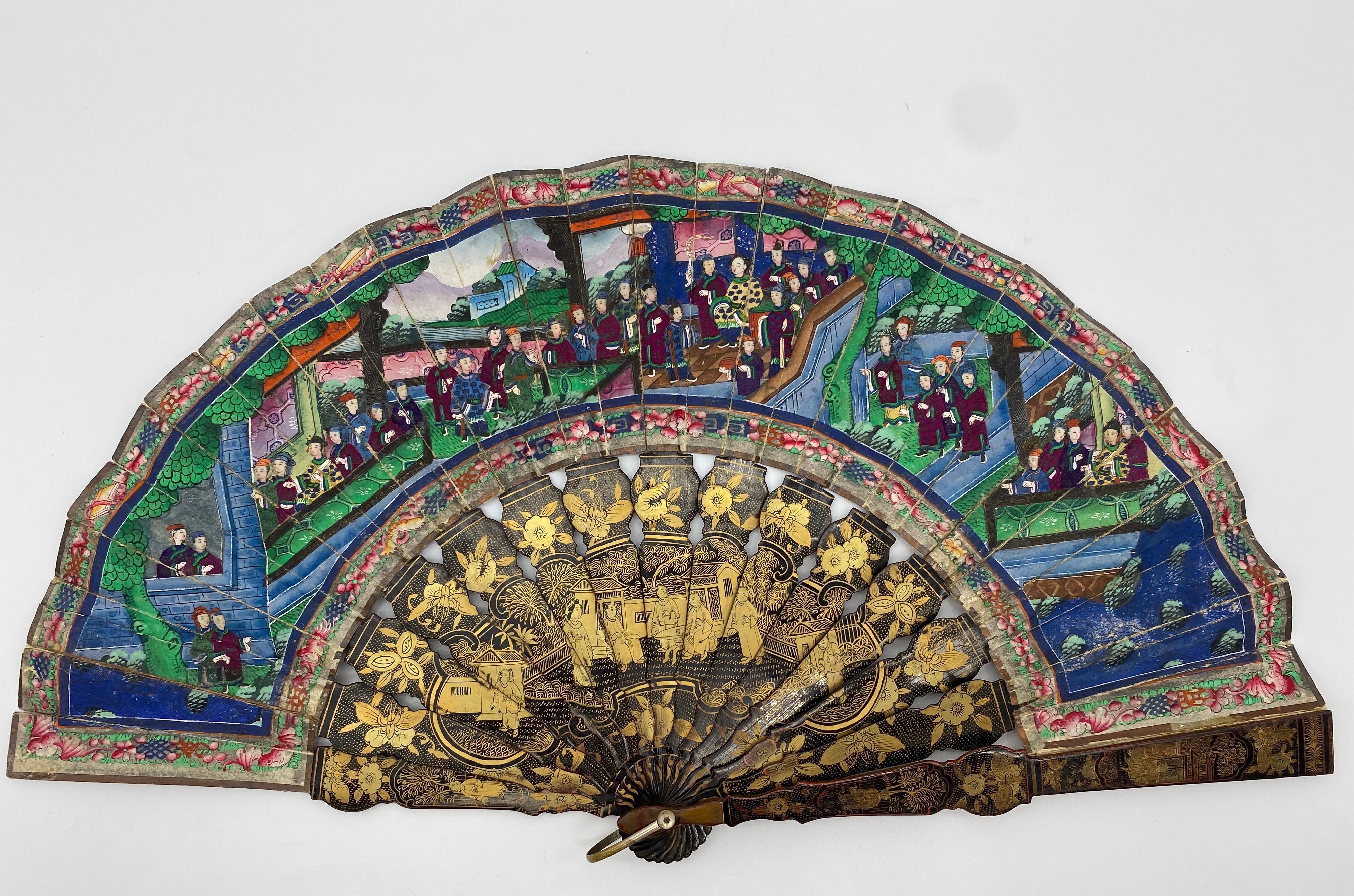 19th Century Chinese Gilt Lacquer Fan with Landscape 100 Faces 1