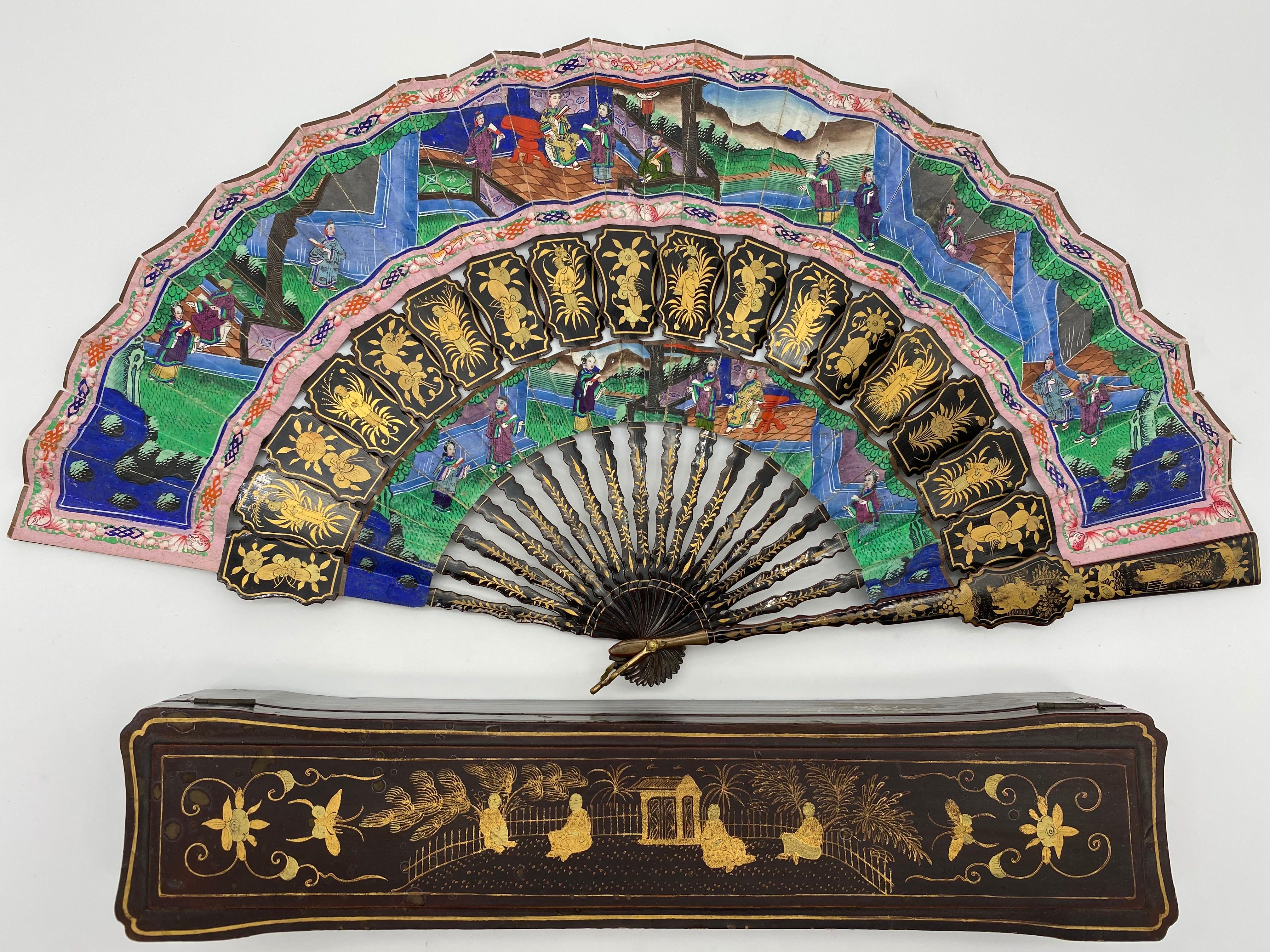 19th Century Chinese Gilt Lacquer Fan with Mother of Pearl Faces and Lacquer Box For Sale 2