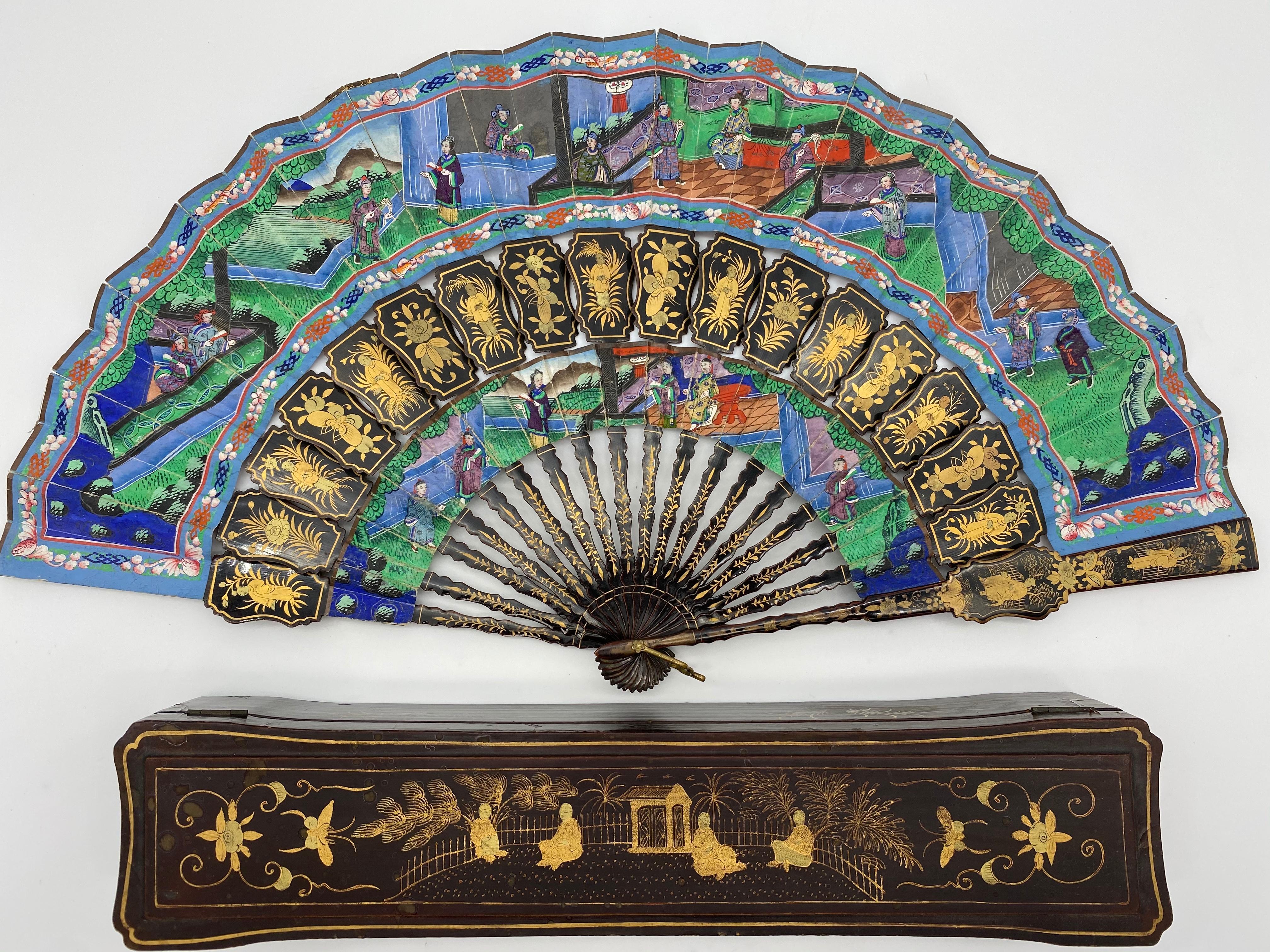 19th Century Chinese Gilt Lacquer Fan with Mother of Pearl Faces and Lacquer Box