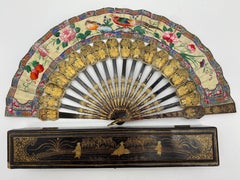 19th Century Chinese Gilt Lacquer Fan with Mother of Pearl Faces and Lacquer Box