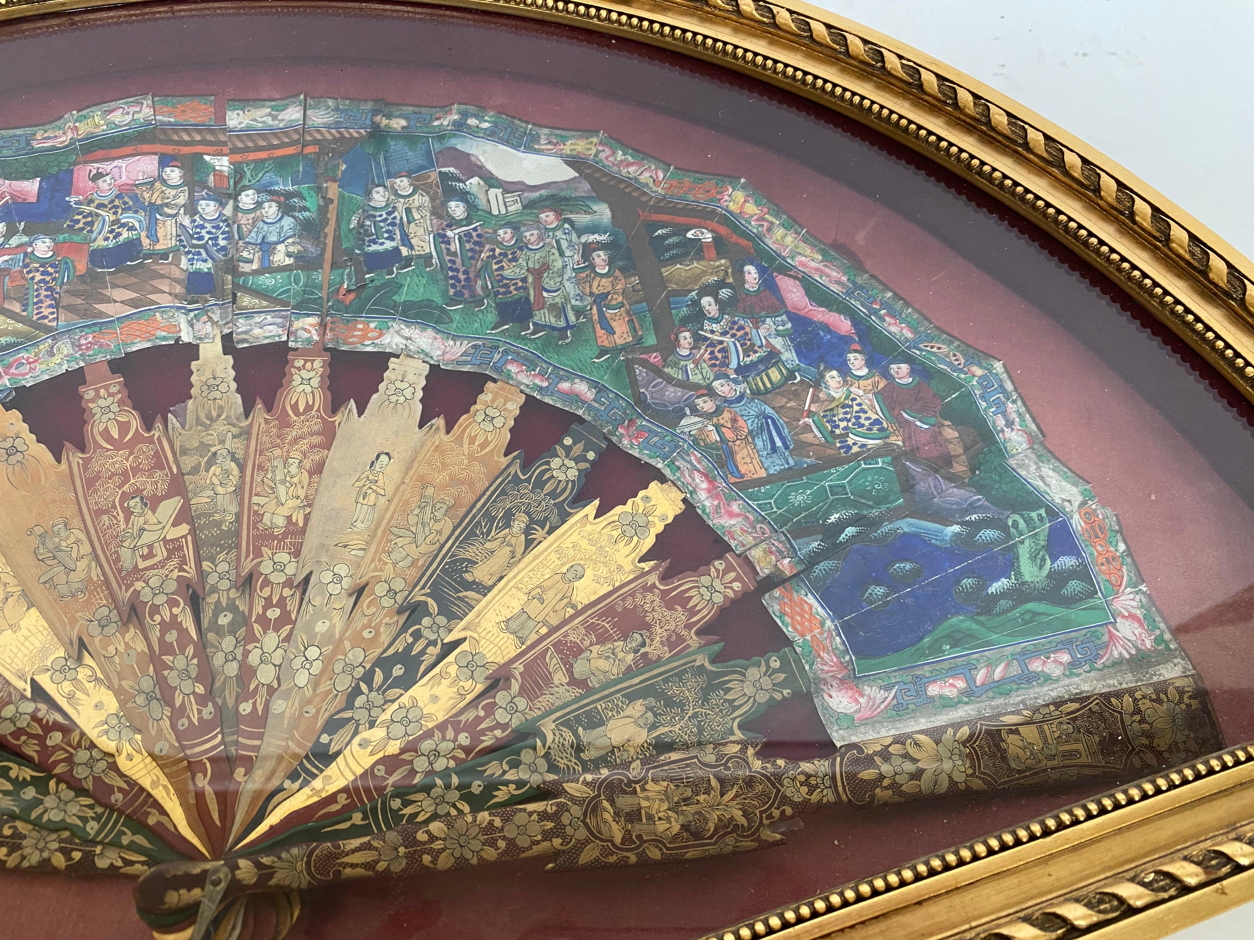 Mid-19th Century 19th Century Chinese Gilt Lacquer Fan with Mother of Pearl Faces and Lacquer Box For Sale
