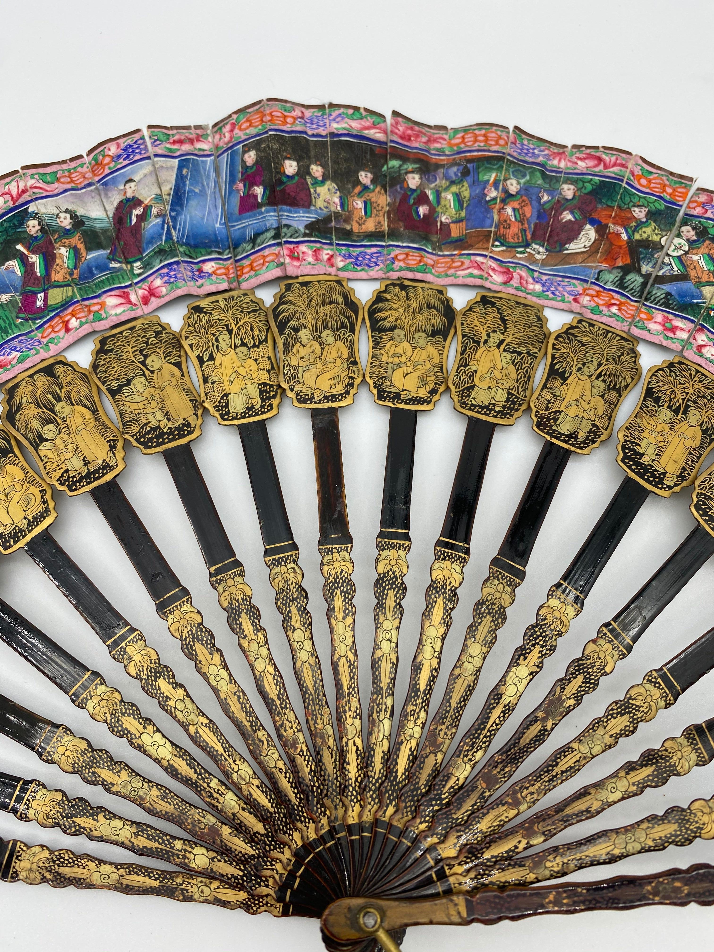 19th Century Chinese Gilt Lacquer Fan with Mother of Pearl Faces and Lacquer Box For Sale 2