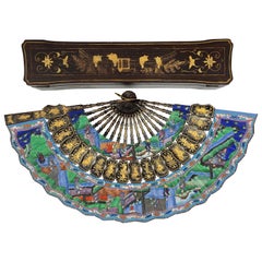 19th Century Chinese Gilt Lacquer Fan with Mother of Pearl Faces and Lacquer Box