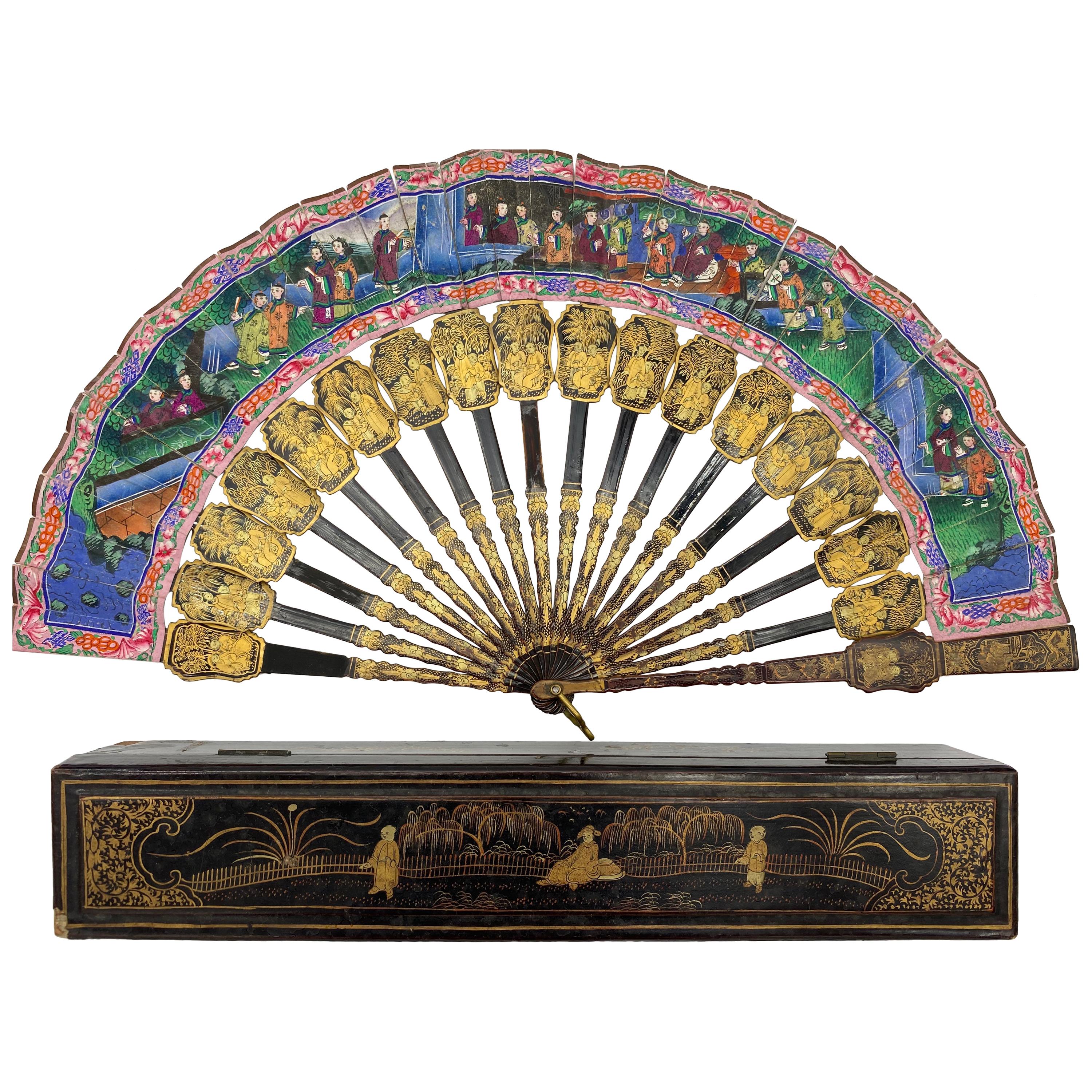 19th Century Chinese Gilt Lacquer Fan with Mother of Pearl Faces and Lacquer Box