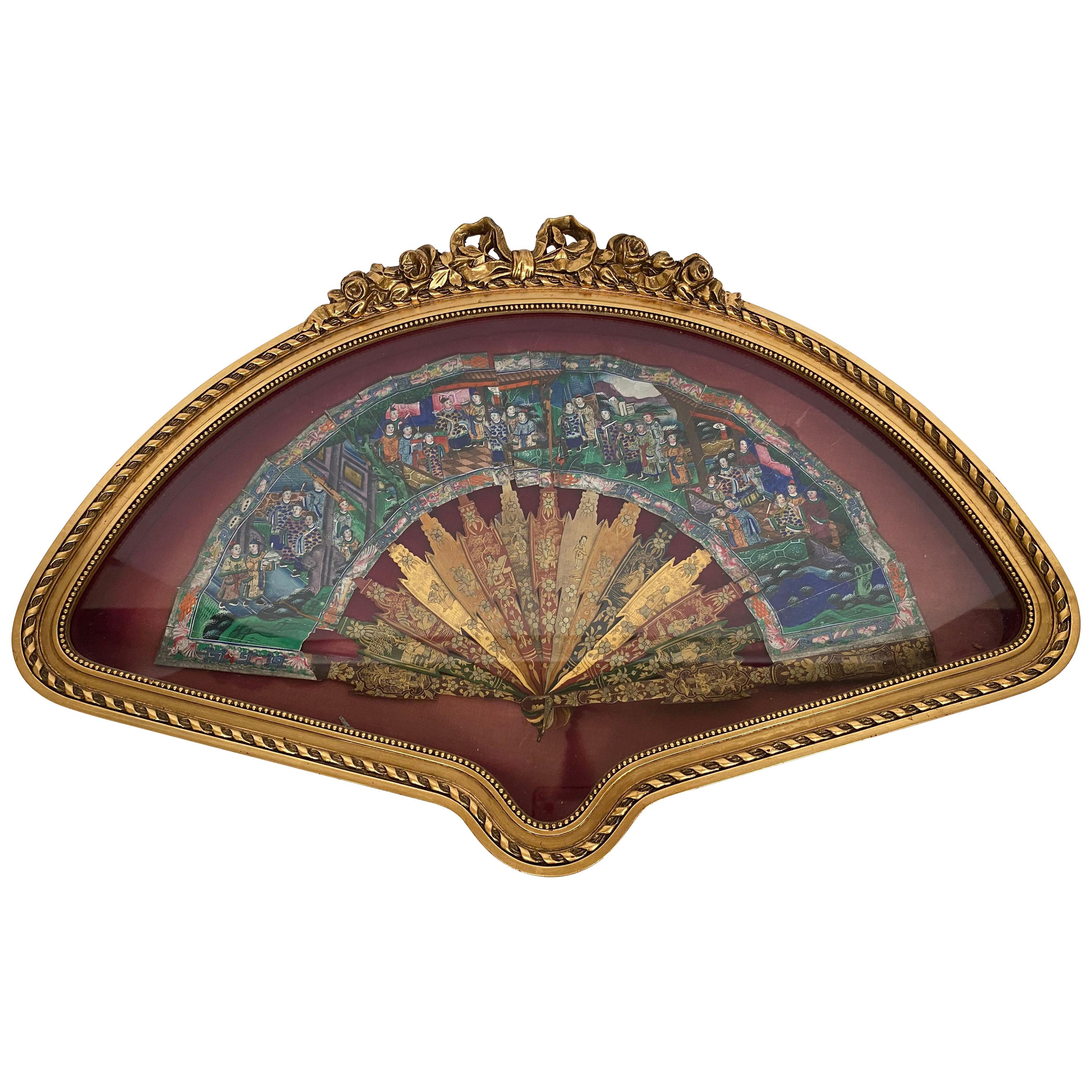 19th Century Chinese Gilt Lacquer Fan with Mother of Pearl Faces and Lacquer Box