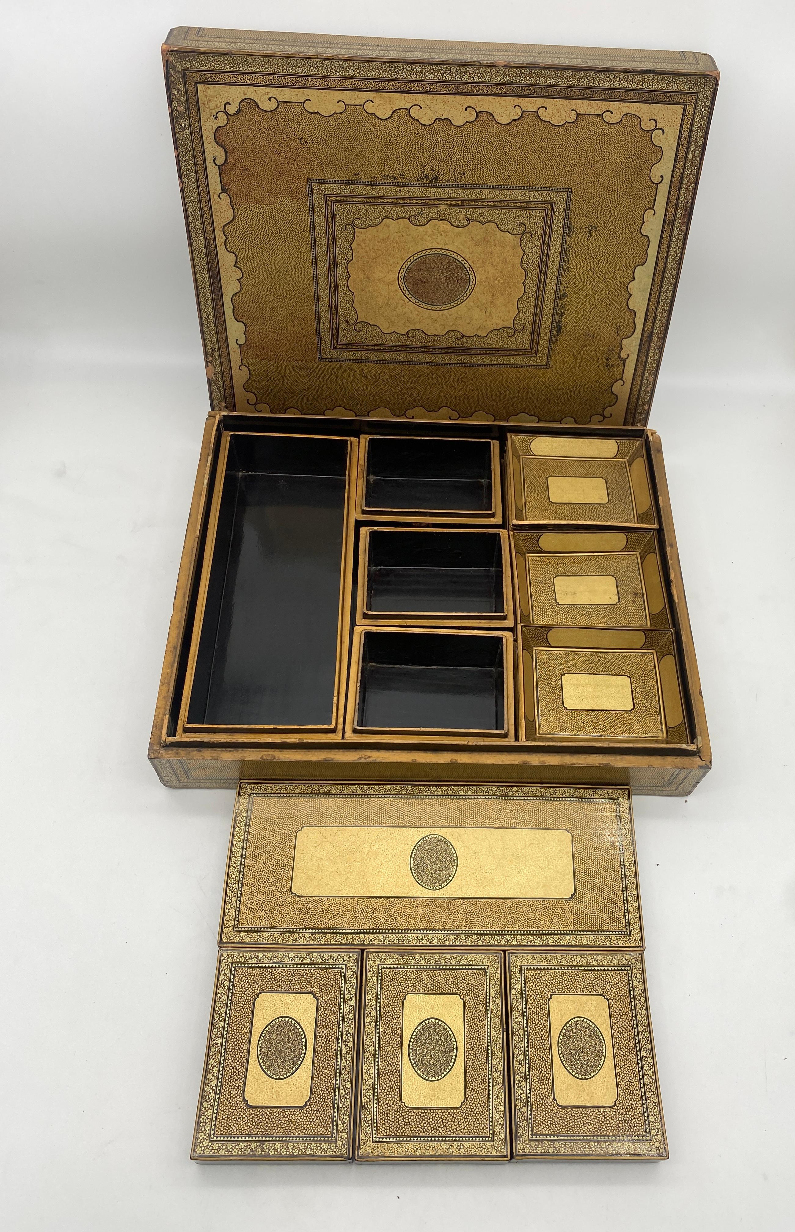 19th Century Chinese Gilt Lacquer Gambling Storage Box Trays and Dishes For Sale 1