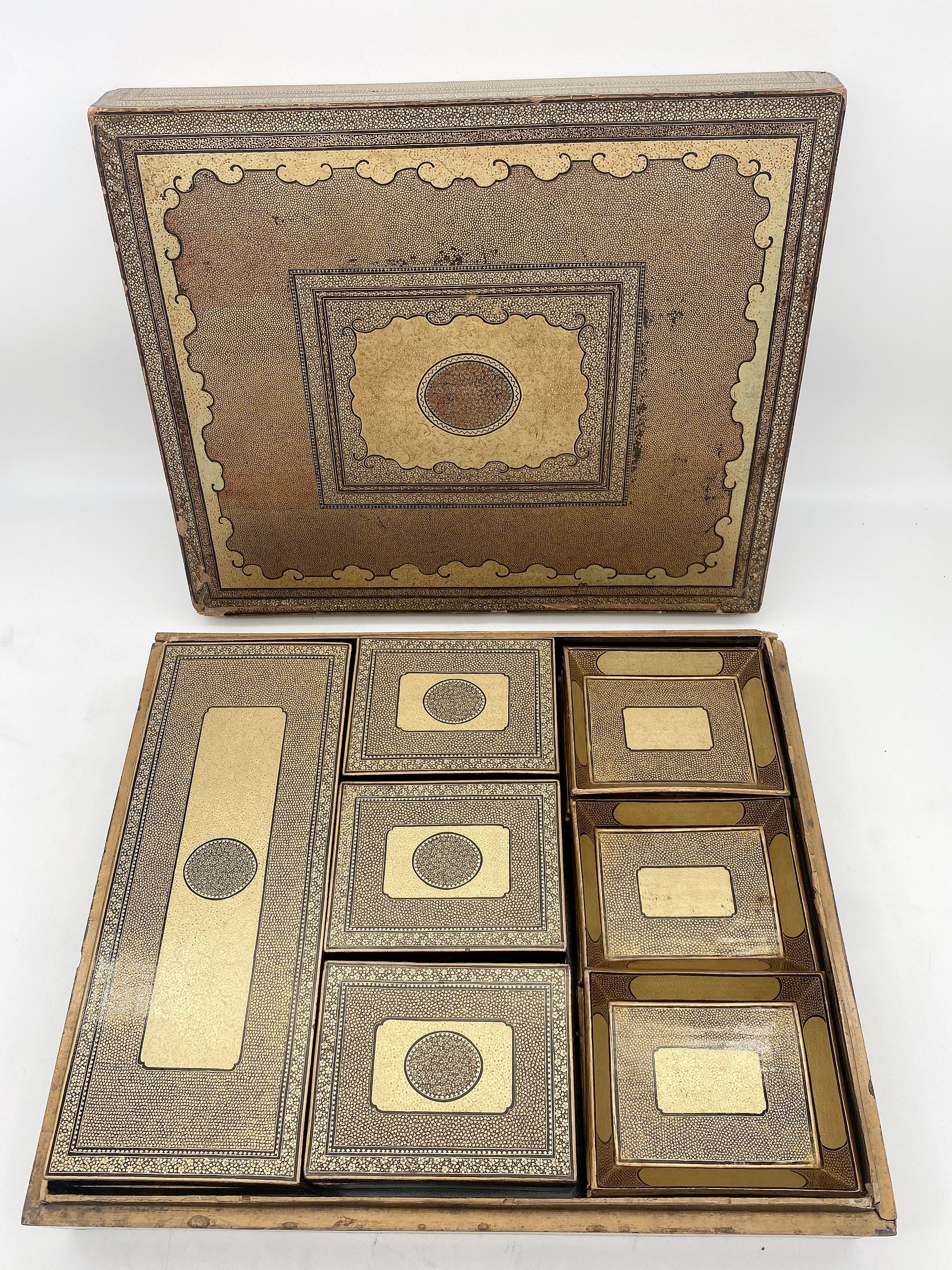19th Century Chinese Gilt Lacquer Gambling Storage Box Trays and Dishes For Sale 3