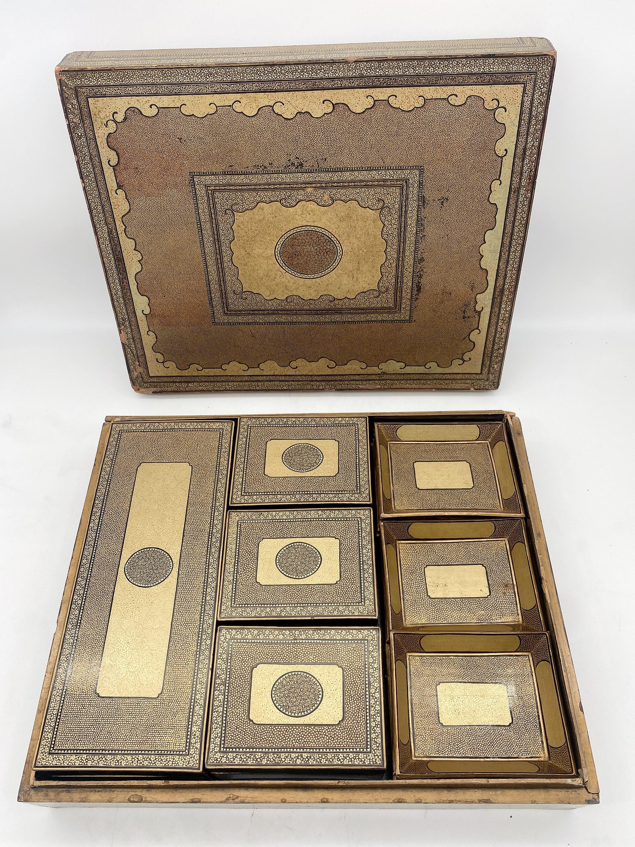19th Century Chinese Gilt Lacquer Gambling Storage Box Trays and Dishes For Sale 5