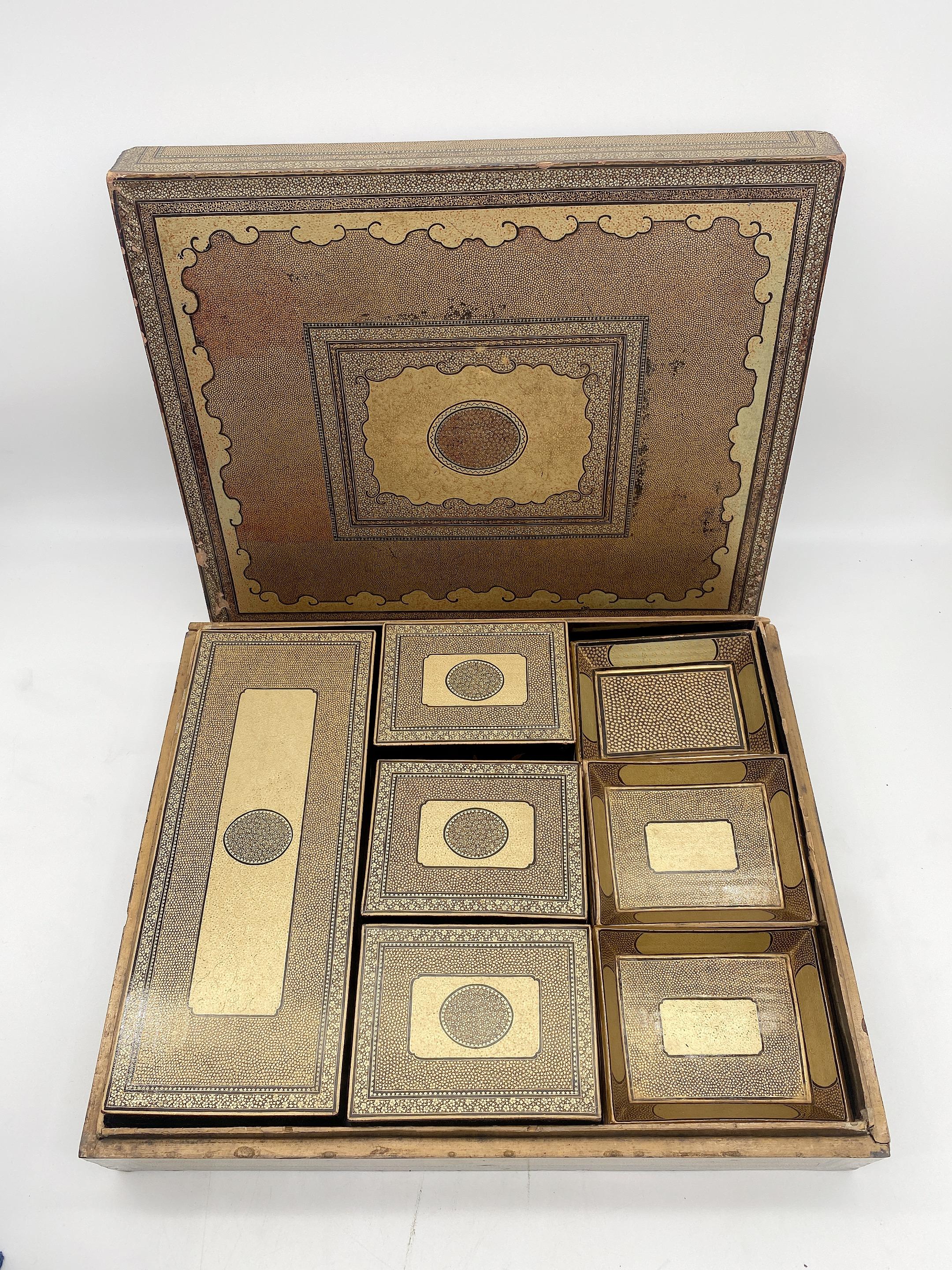 Very rare complete circa early 19 century Chinese gilt lacquer gambling storage box trays and dishes. A great and complete gold and black lacquered gaming set., one big box, 3 small box, total 12 small trays dishes, one tray missing one edge, see