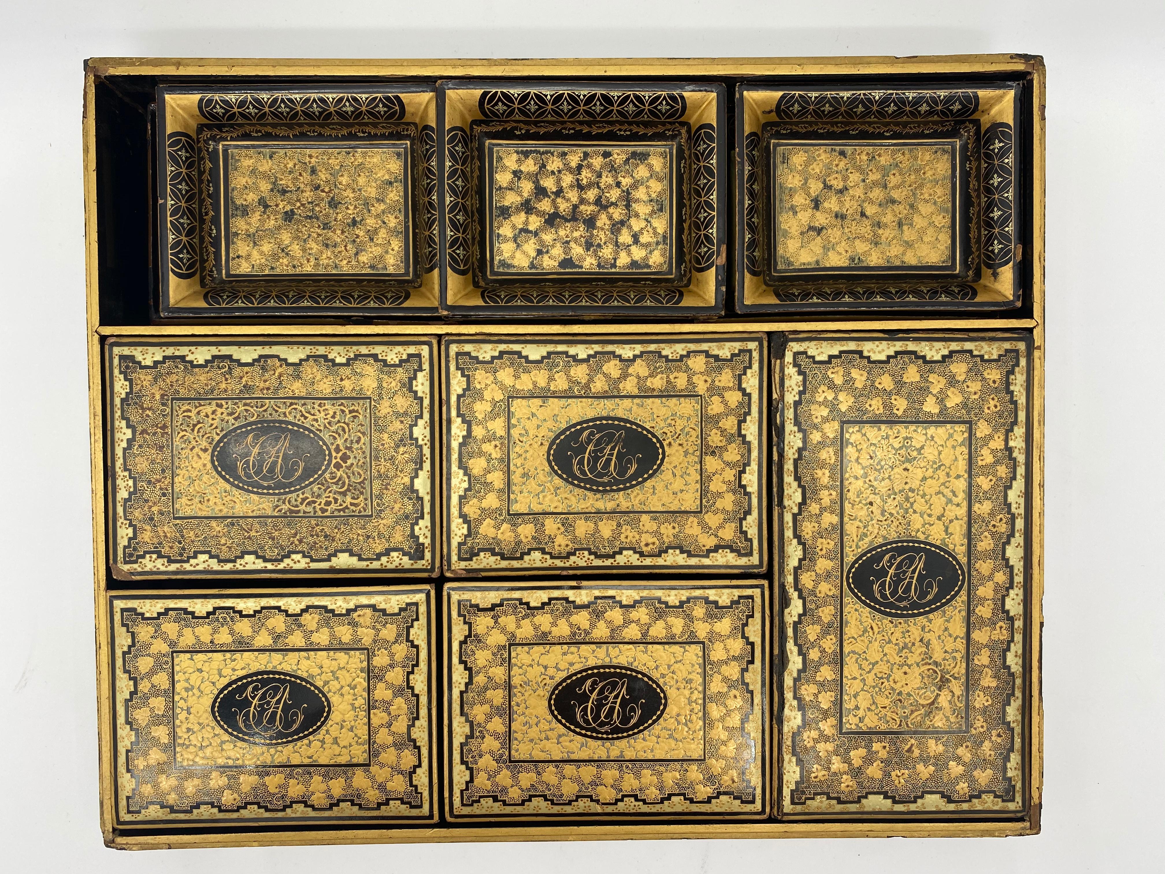 Lacquered 19th Century Chinese Gilt Lacquer Gambling Storage Box Trays and Dishes For Sale