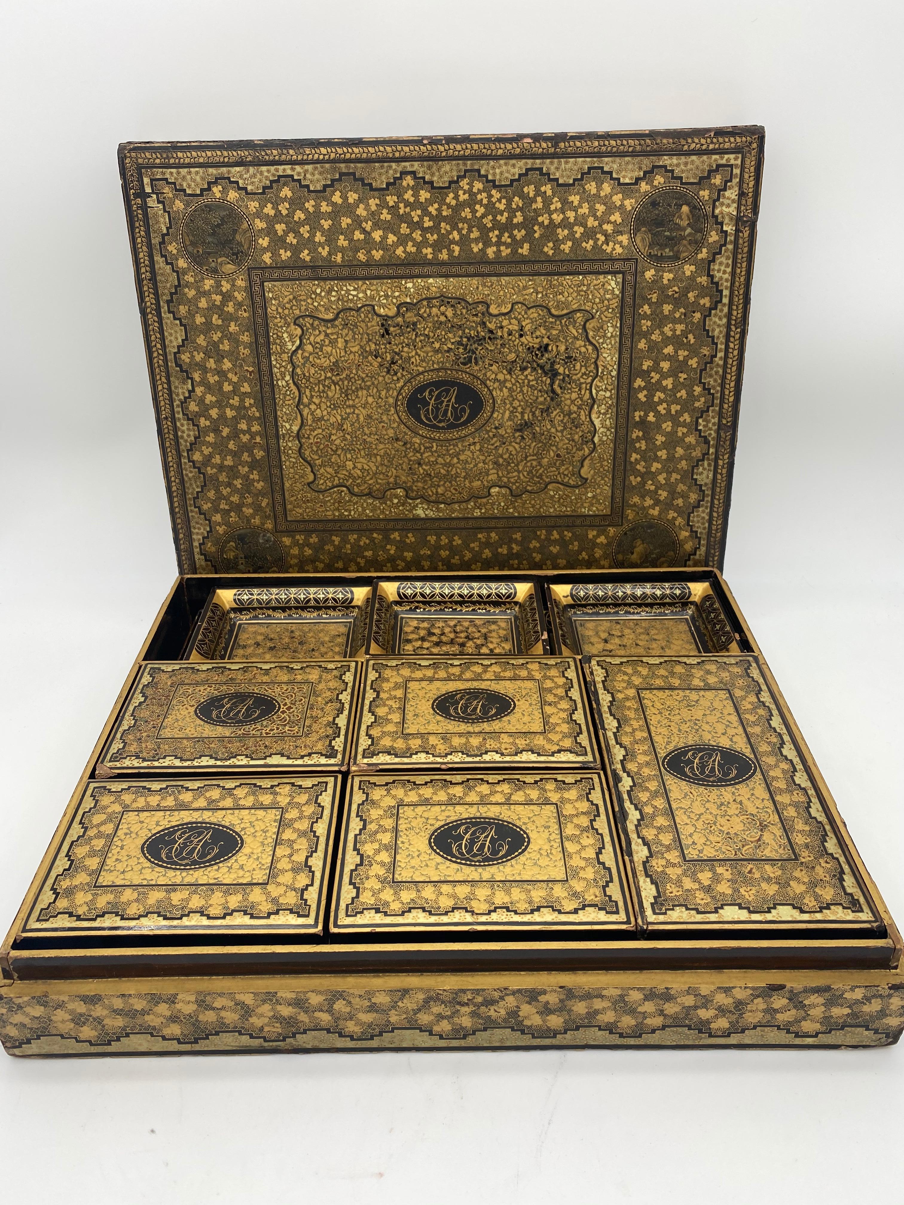 19th Century Chinese Gilt Lacquer Gambling Storage Box Trays and Dishes