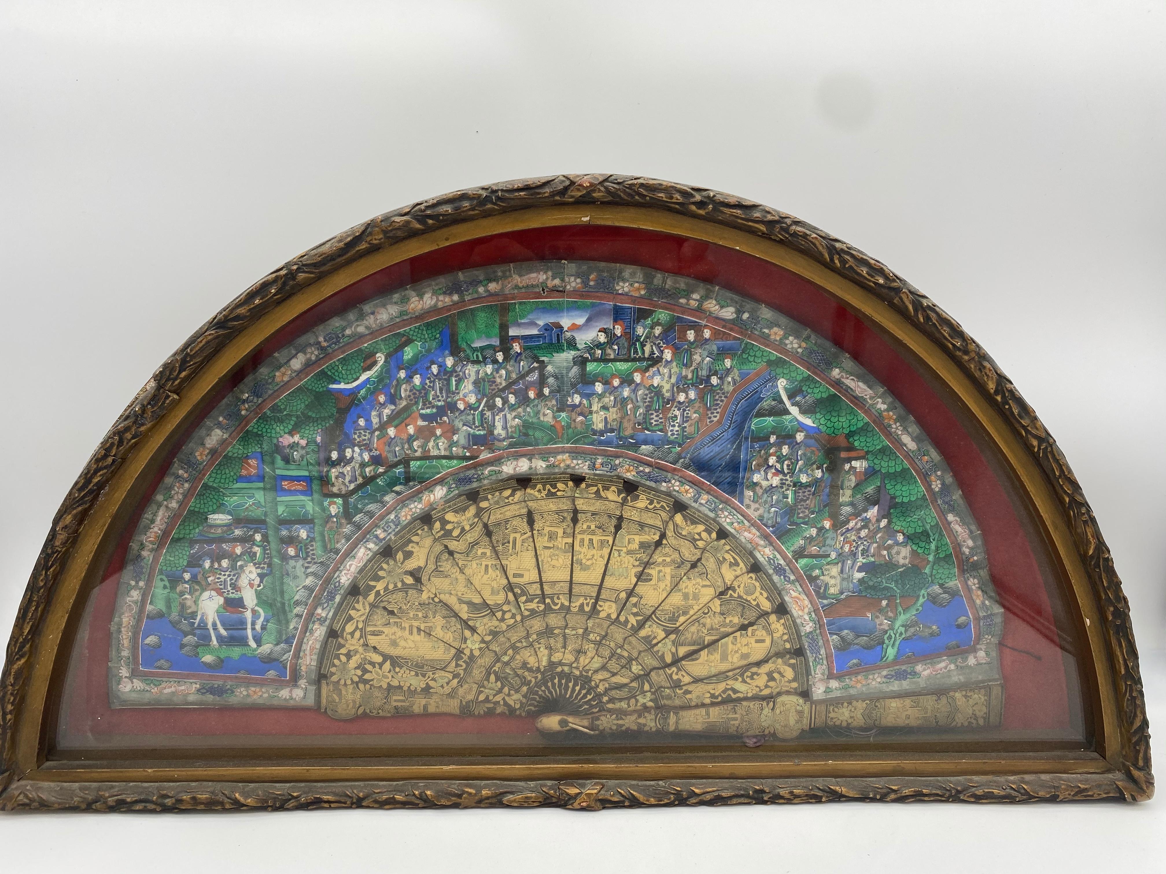Qing 19th Century Chinese Gilt Lacquer Landscape Fan 100 Faces For Sale