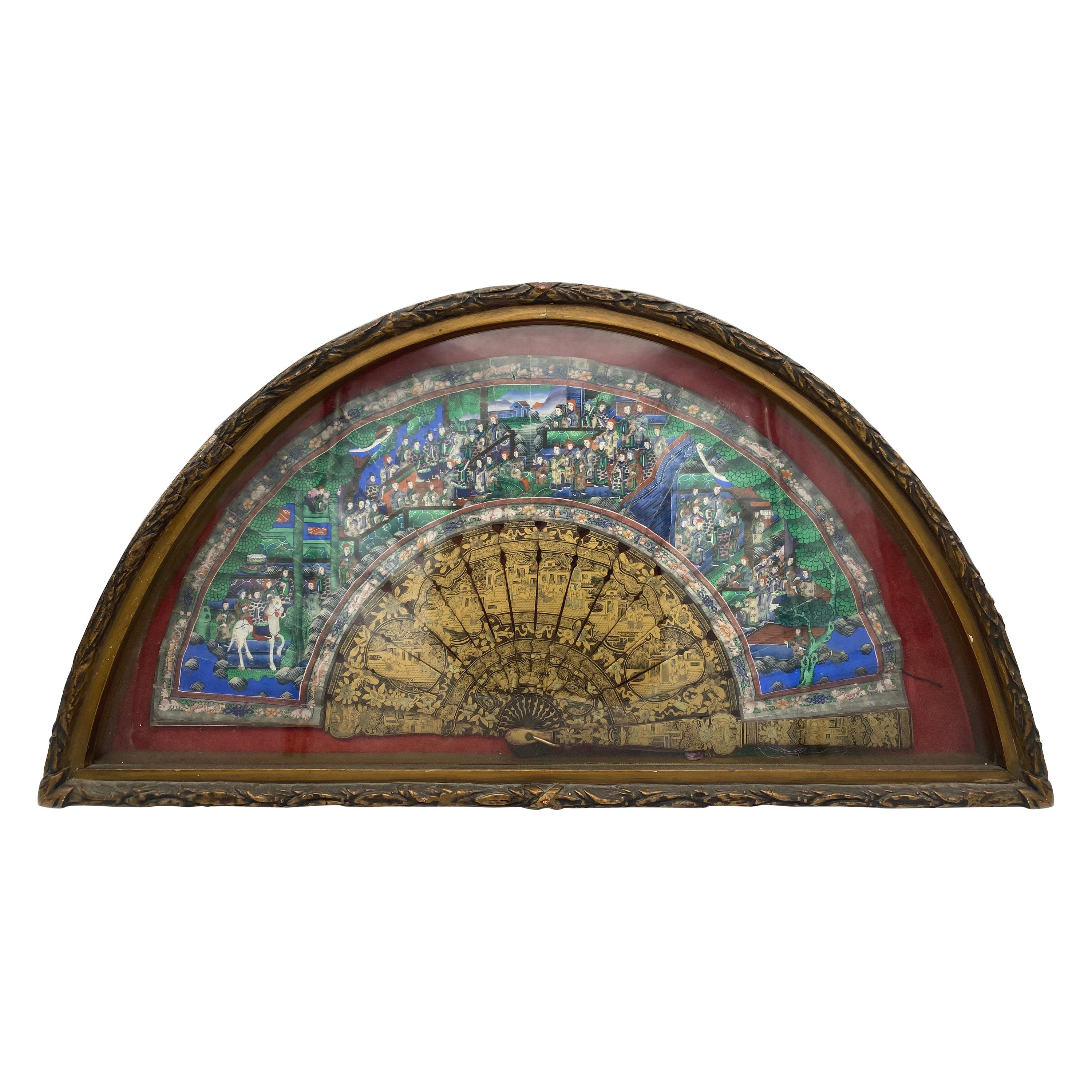 19th Century Chinese Gilt Lacquer Landscape Fan 100 Faces For Sale