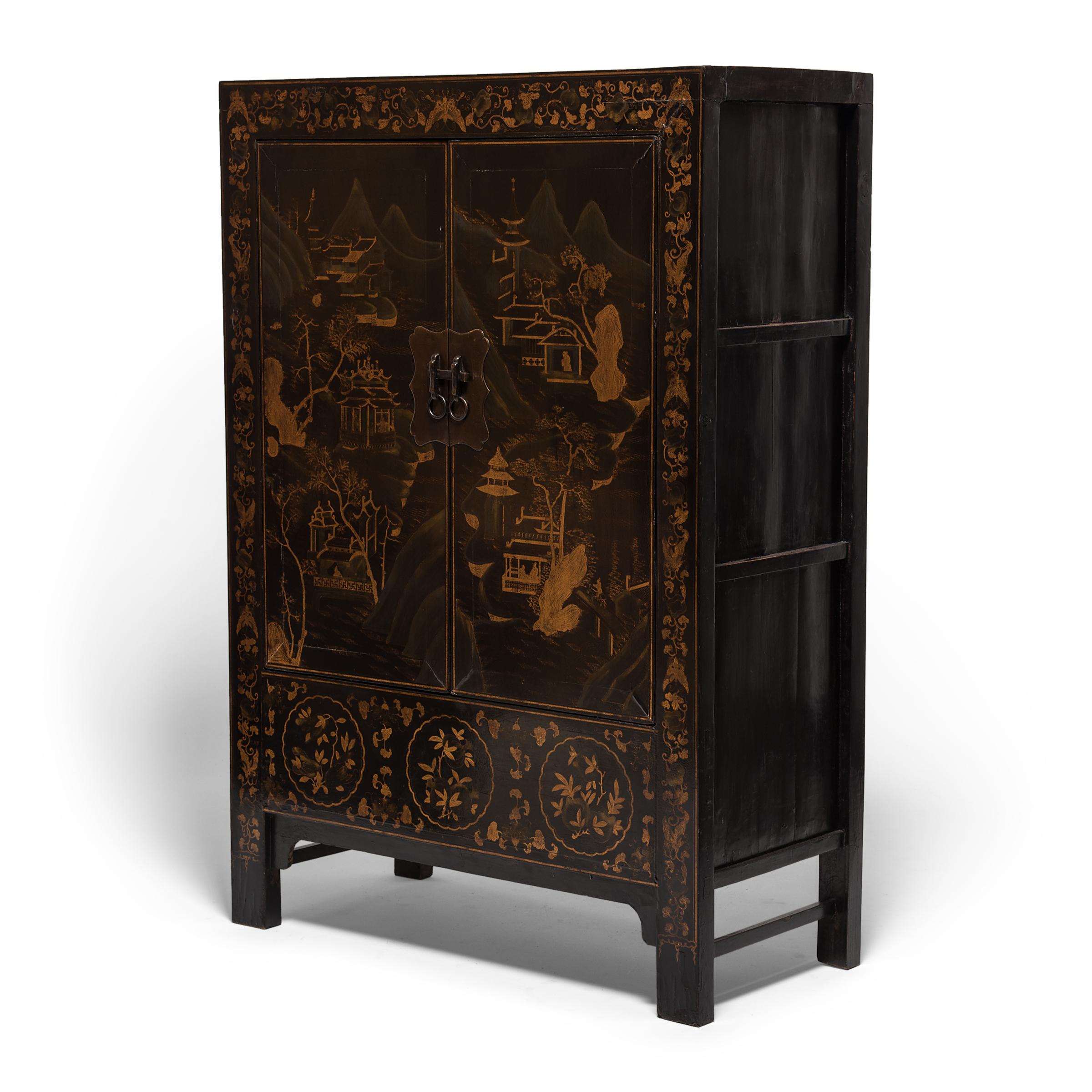 Qing 19th Century Chinese Gilt Palace Landscape Cabinet