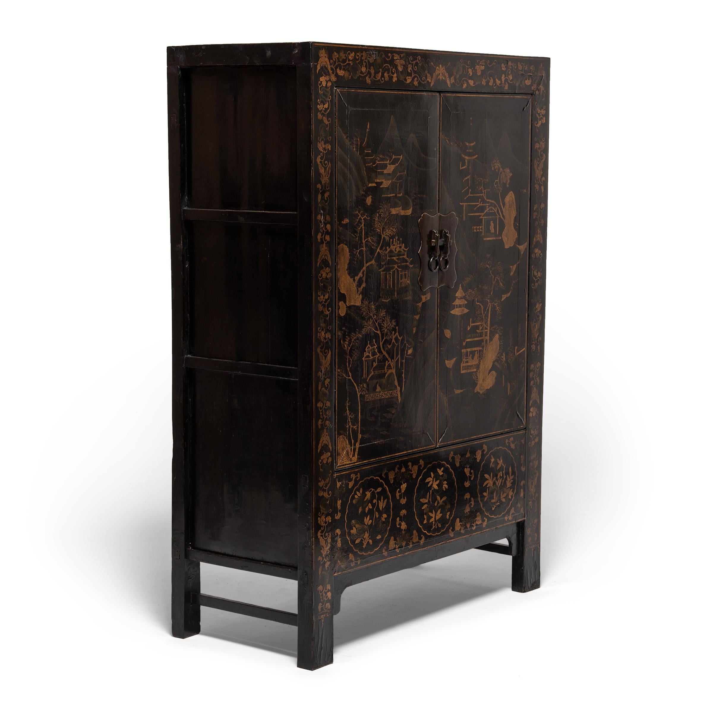 19th Century Chinese Gilt Palace Landscape Cabinet In Good Condition In Chicago, IL