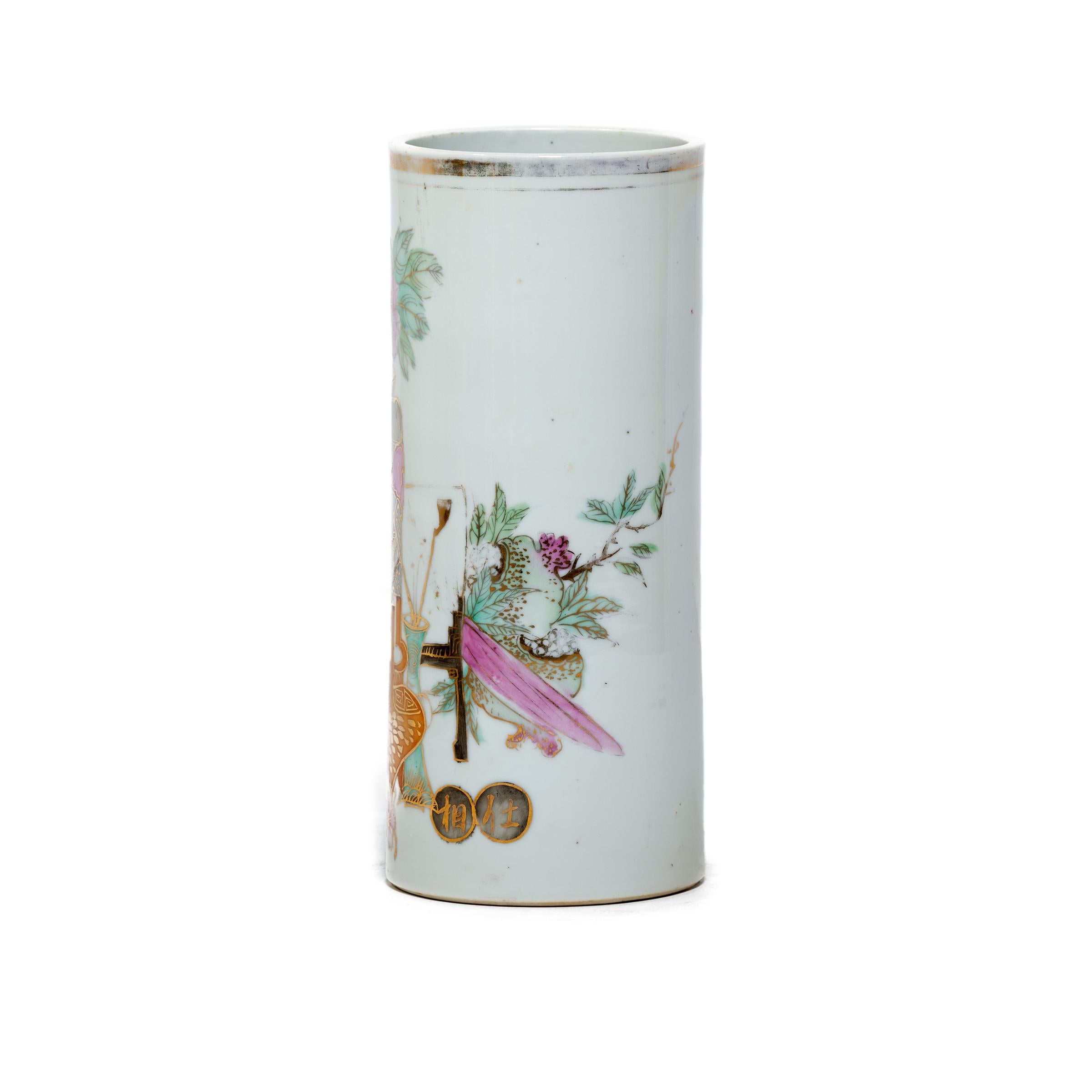 Glazed Chinese Famille Rose Hat Stand Vase with Scholar's Treasures, c. 1850 For Sale