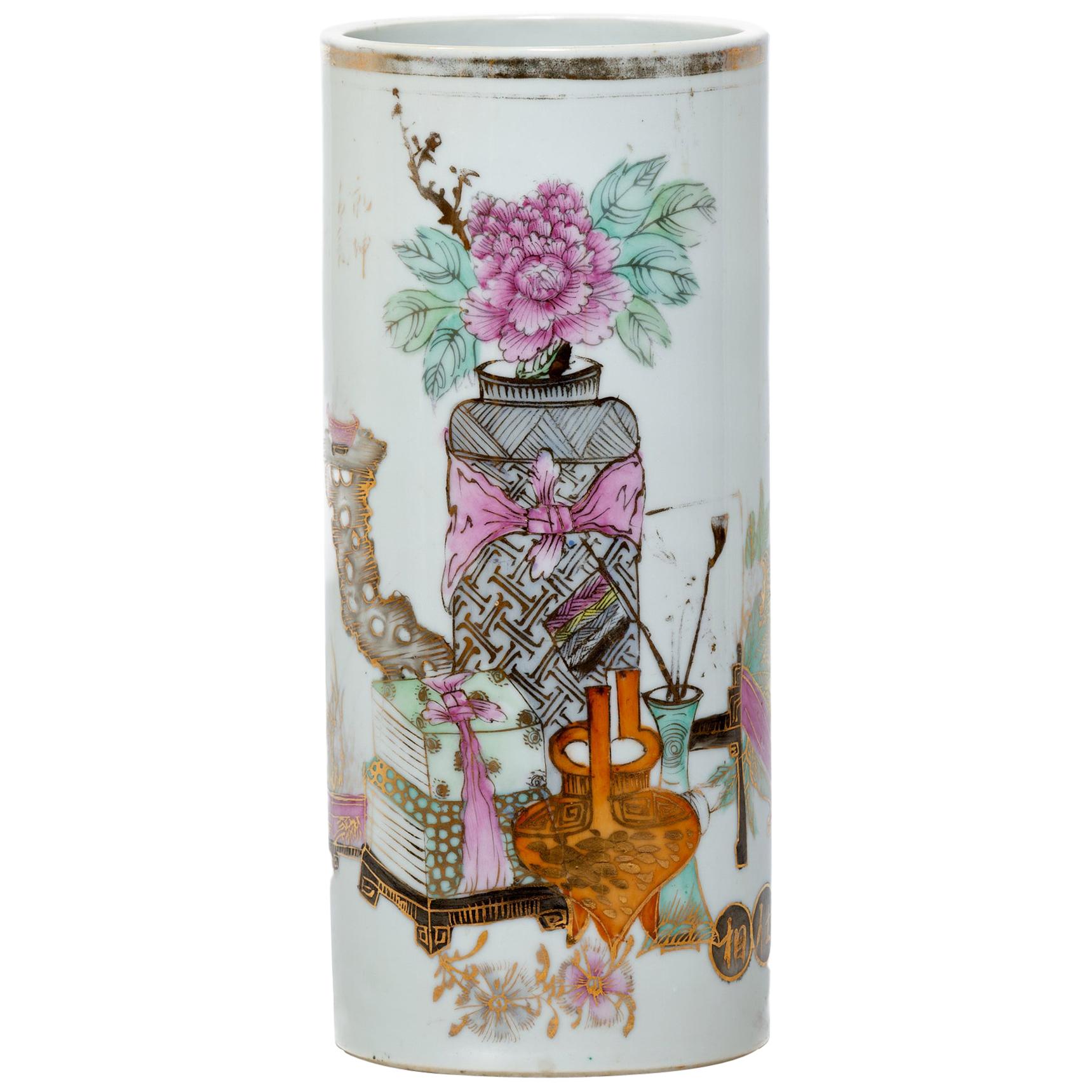 Chinese Famille Rose Hat Stand Vase with Scholar's Treasures, c. 1850