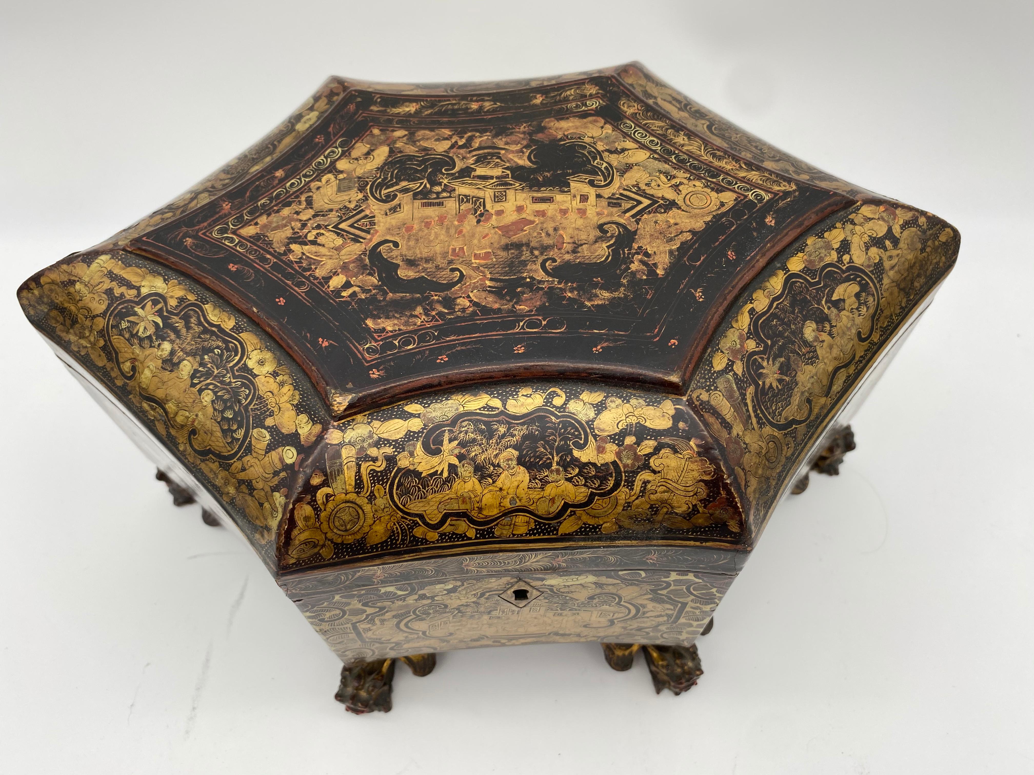 Chinesische Goldlack-Teedose aus dem 19. Jahrhundert (Qing-Dynastie) im Angebot