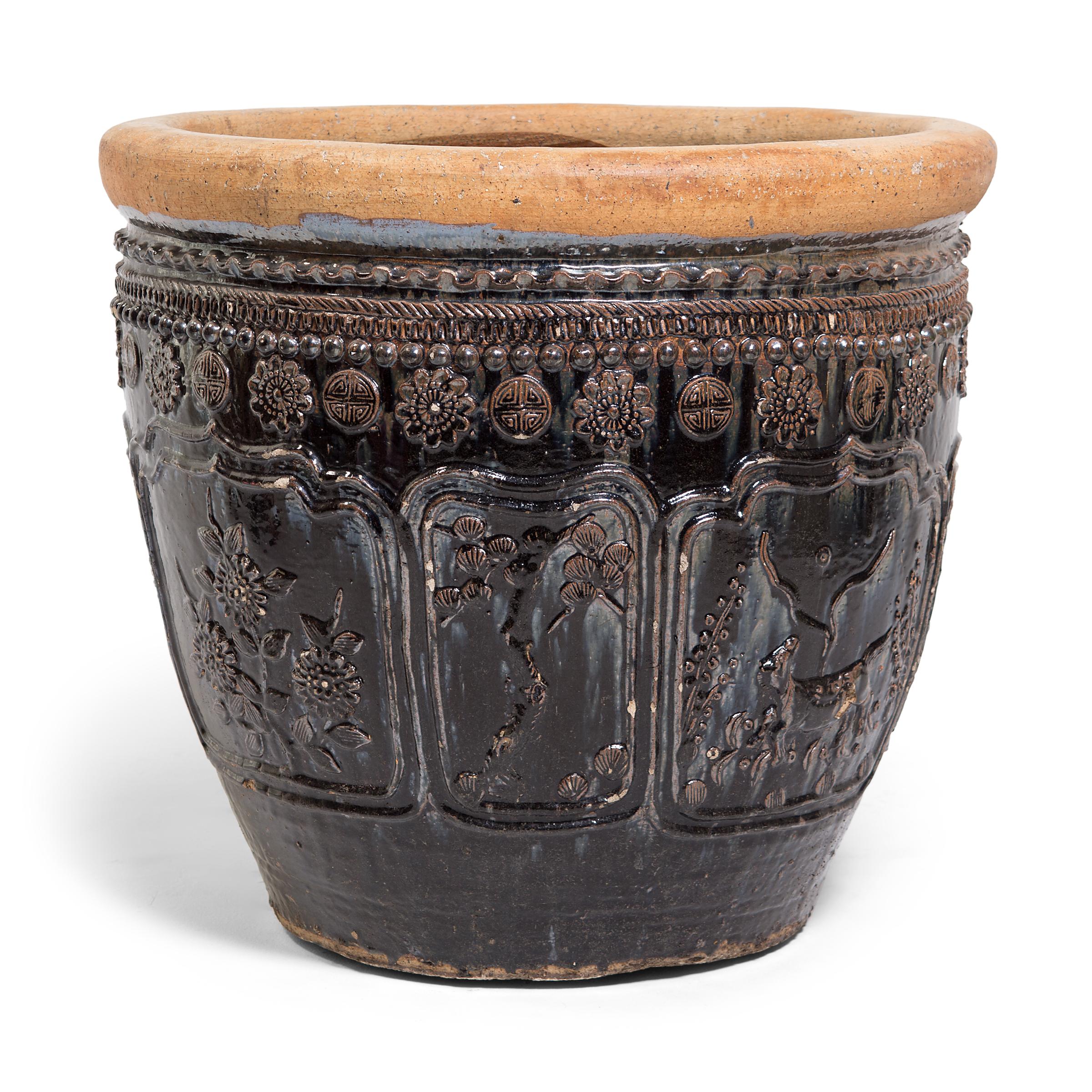 Glazed Chinese Grand Floral Relief Urn, c. 1850 For Sale